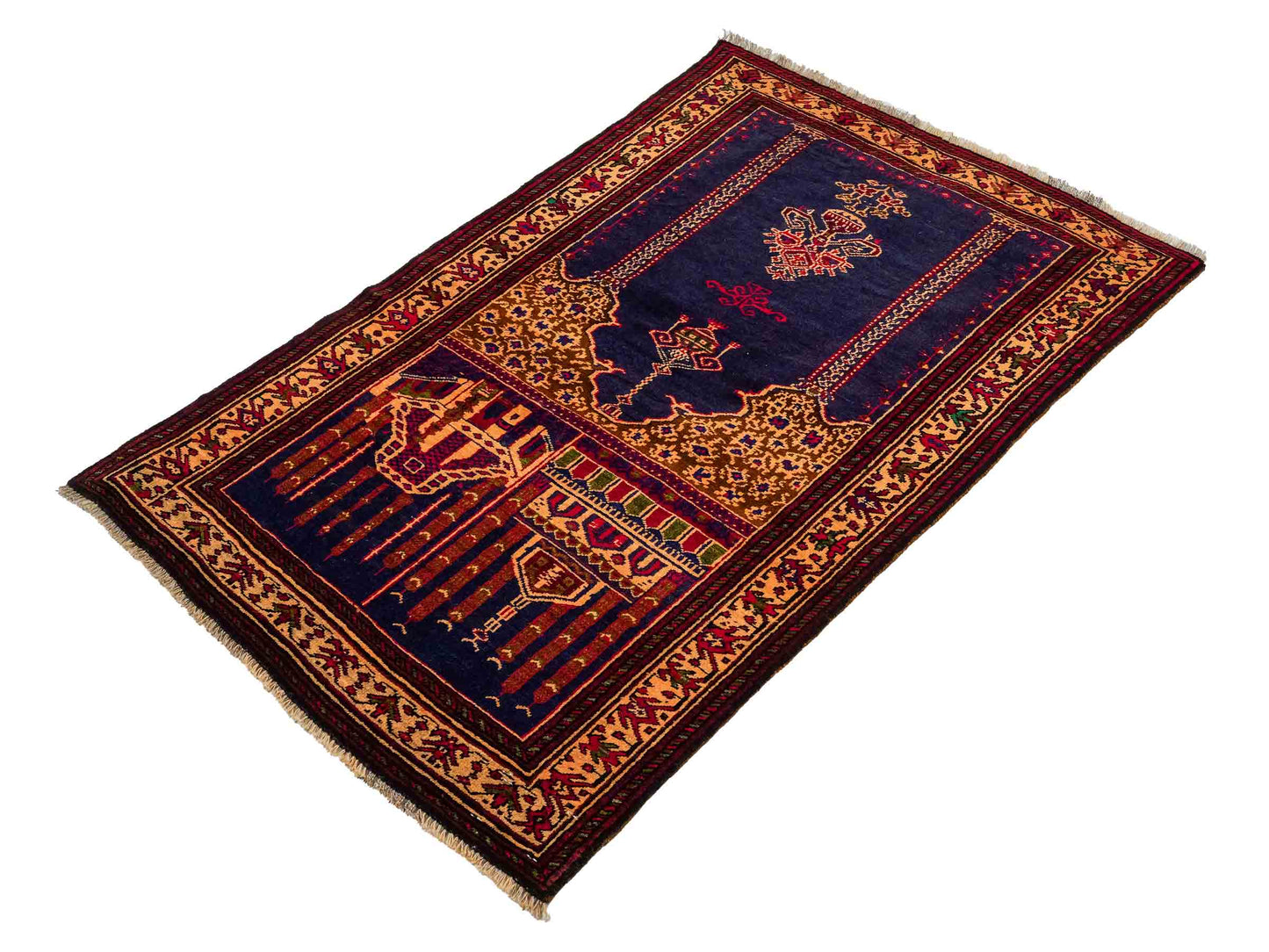 Antiker, handgeknüpfter, afghanischer Belutsch Nomadenteppich aus Wolle von Khademi. Größe: 107 x 71 cm. Farbe: Blau, beige, gold. Verkauf durch JUPITER Intl.