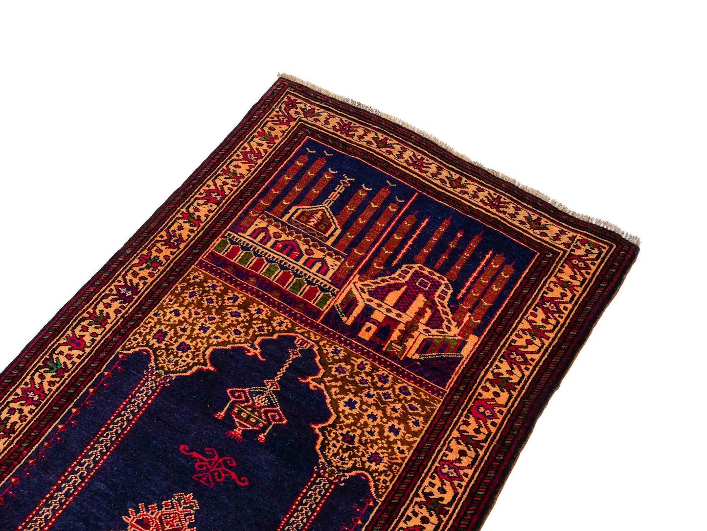 Antiker, handgeknüpfter, afghanischer Belutsch Nomadenteppich aus Wolle von Khademi. Größe: 107 x 71 cm. Farbe: Blau, beige, gold. Verkauf durch JUPITER Intl.