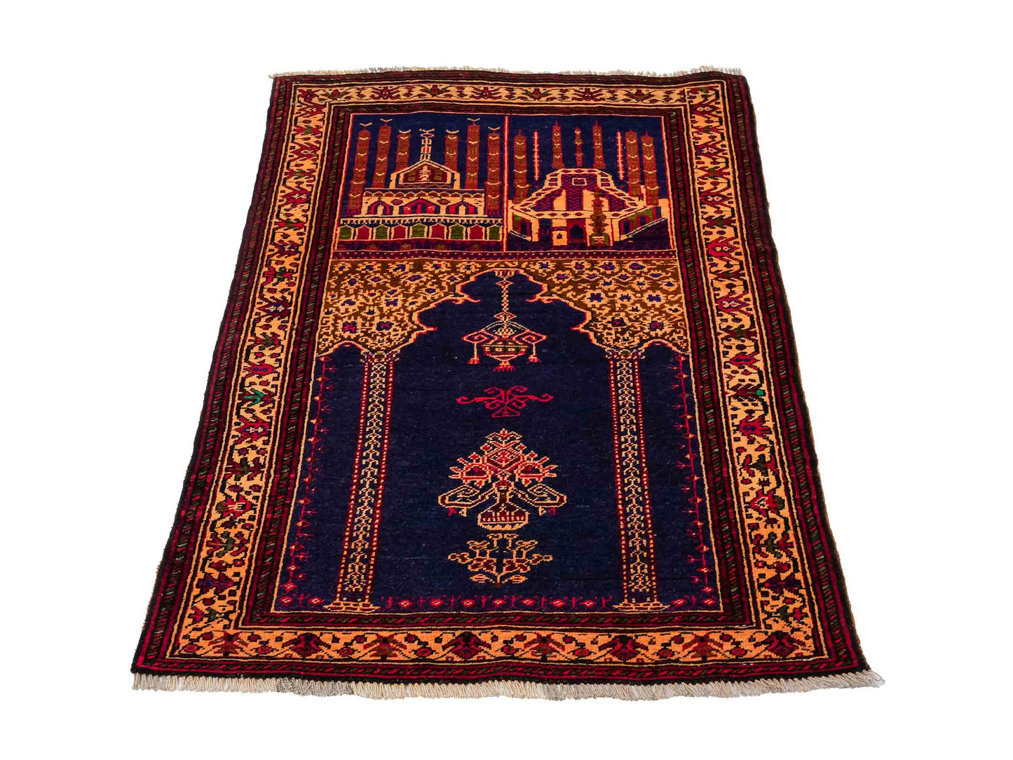 Antiker, handgeknüpfter, afghanischer Belutsch Nomadenteppich aus Wolle von Khademi. Größe: 107 x 71 cm. Farbe: Blau, beige, gold. Verkauf durch JUPITER Intl.