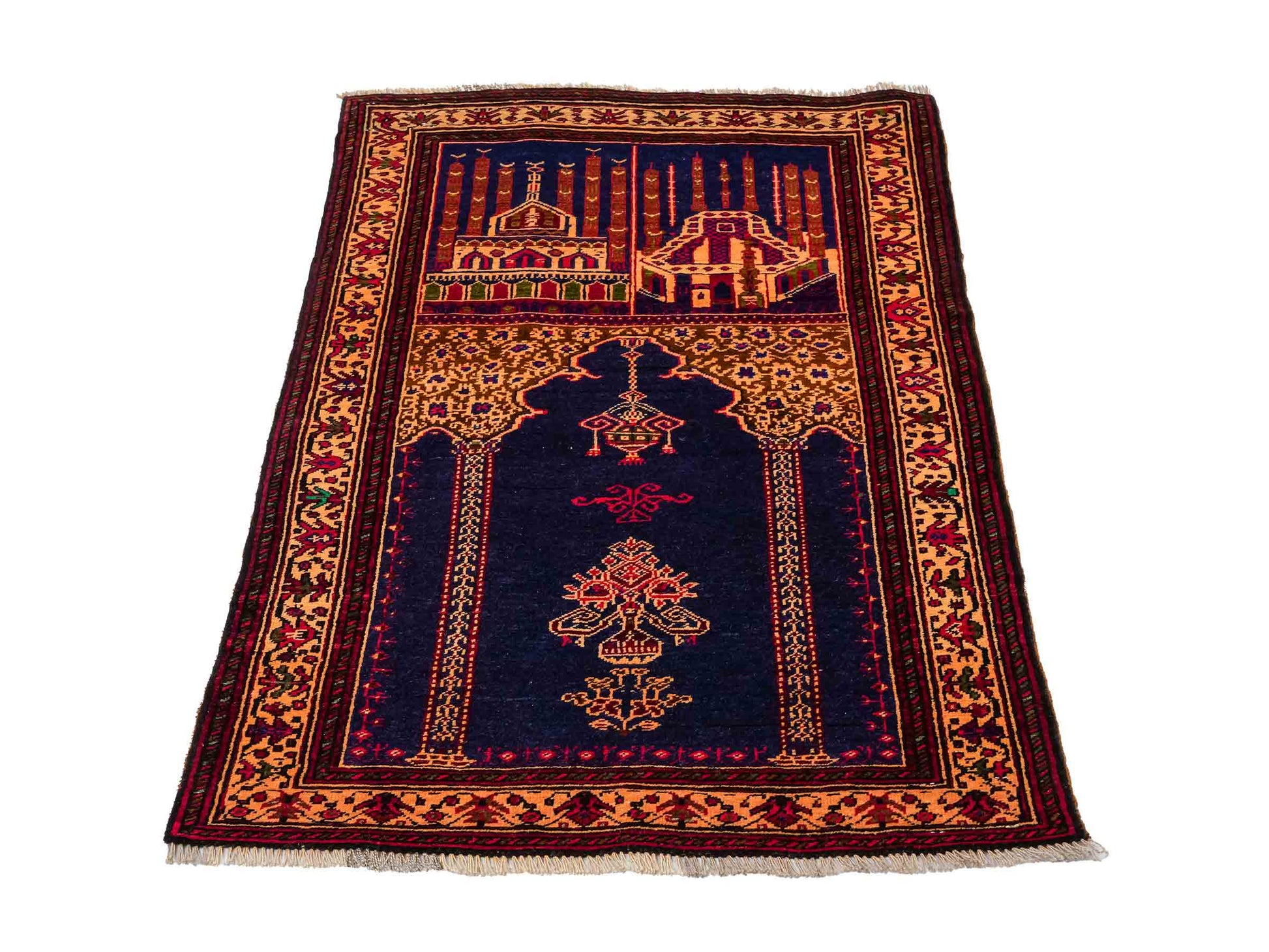 Antiker, handgeknüpfter, afghanischer Belutsch Nomadenteppich aus Wolle von Khademi. Größe: 107 x 71 cm. Farbe: Blau, beige, gold. Verkauf durch JUPITER Intl.
