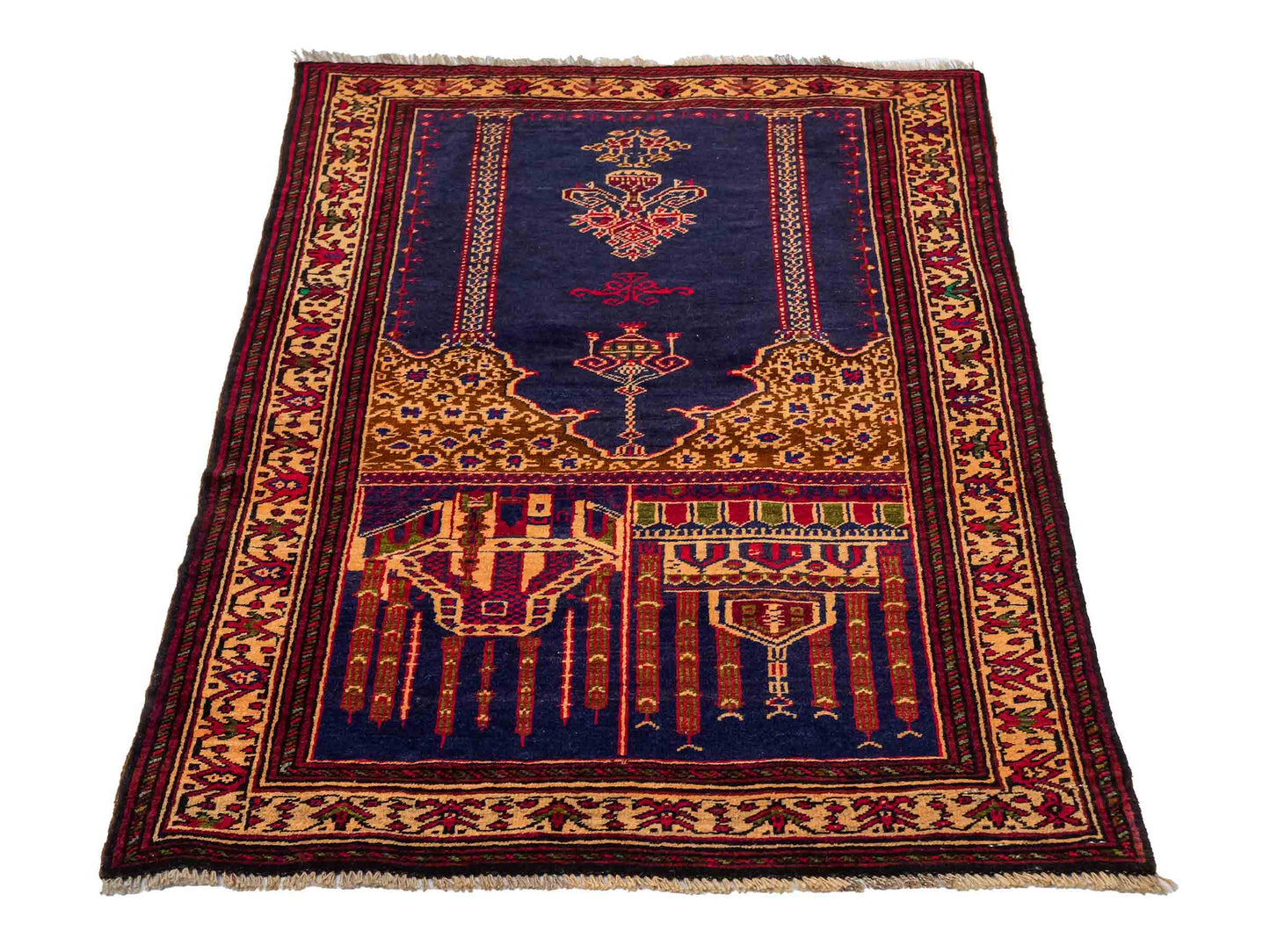 Antiker, handgeknüpfter, afghanischer Belutsch Nomadenteppich aus Wolle von Khademi. Größe: 107 x 71 cm. Farbe: Blau, beige, gold. Verkauf durch JUPITER Intl.