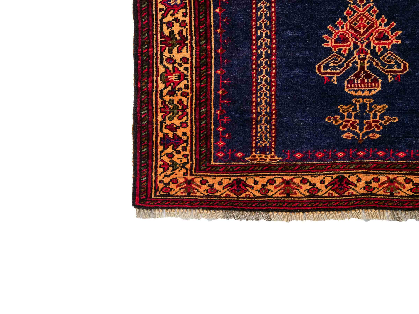 Antiker, handgeknüpfter, afghanischer Belutsch Nomadenteppich aus Wolle von Khademi. Größe: 107 x 71 cm. Farbe: Blau, beige, gold. Verkauf durch JUPITER Intl.