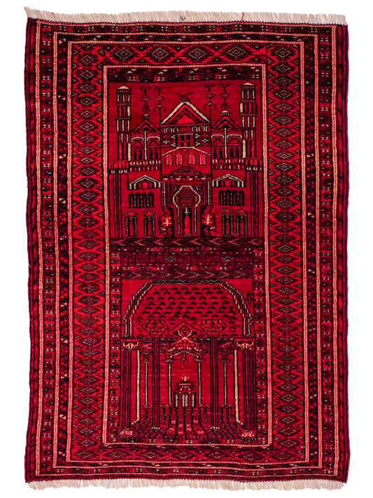 Antiker, handgeknüpfter, afghanischer Belutsch Nomadenteppich aus Wolle von Khademi. Größe: 111 x 73 cm. Farbe: Rot. Verkauf durch JUPITER Intl.