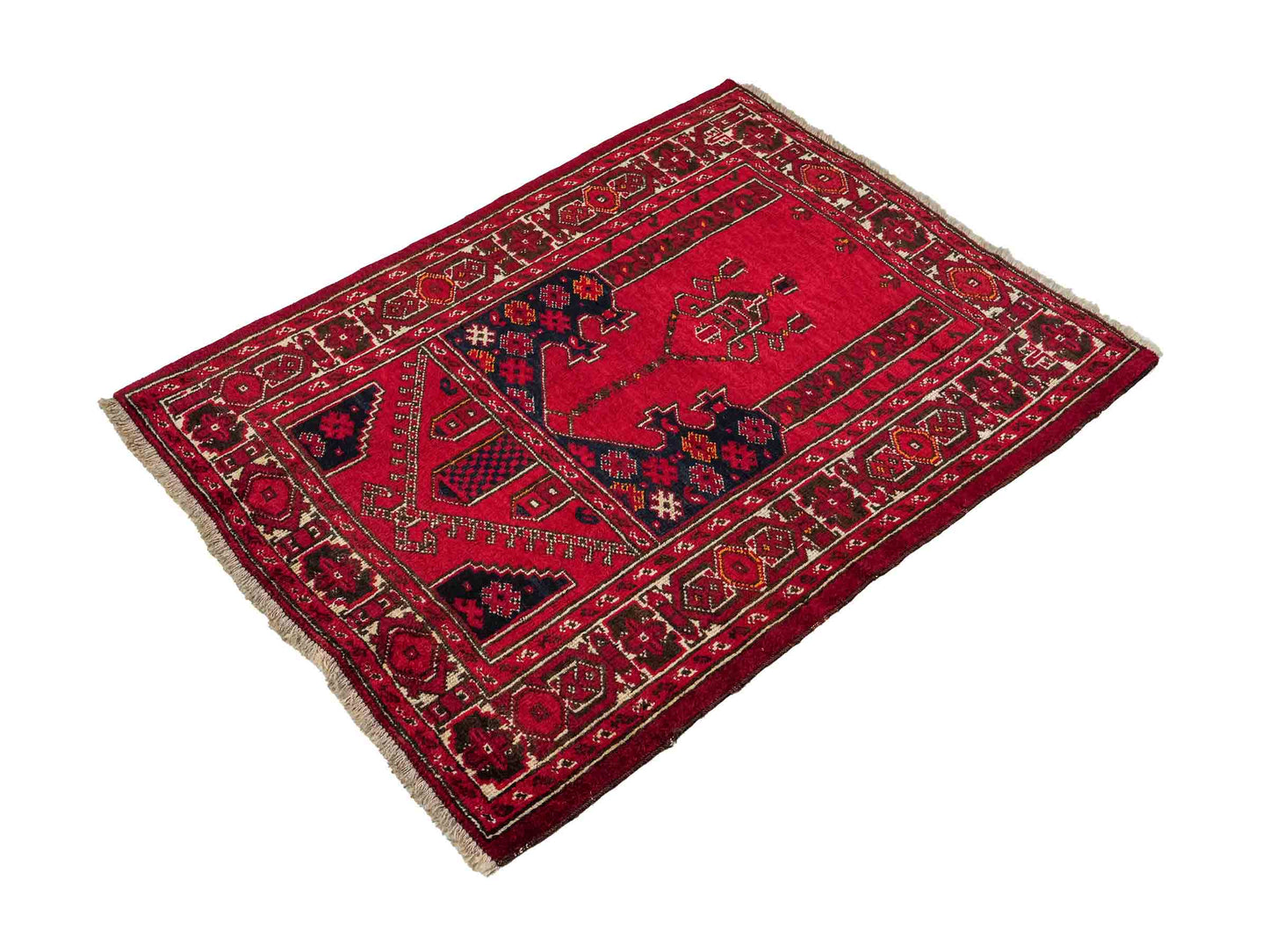 Antiker, handgeknüpfter, afghanischer Belutsch Nomadenteppich aus Wolle von Khademi. Größe: 112 x 85 cm. Farbe: Rot. Verkauf durch JUPITER Intl.