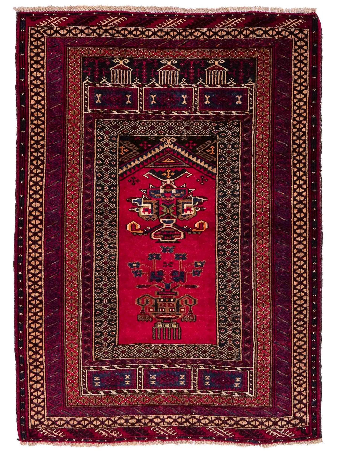 Antiker, handgeknüpfter, afghanischer Belutsch Nomadenteppich aus Wolle von Khademi. Größe: 112 x 90 cm. Farbe: Rot. Verkauf durch JUPITER Intl.