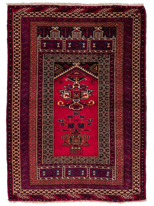 Antiker, handgeknüpfter, afghanischer Belutsch Nomadenteppich aus Wolle von Khademi. Größe: 112 x 90 cm. Farbe: Rot. Verkauf durch JUPITER Intl.