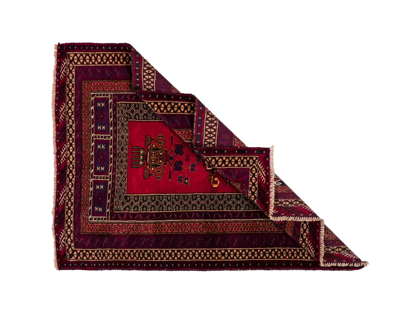 Antiker, handgeknüpfter, afghanischer Belutsch Nomadenteppich aus Wolle von Khademi. Größe: 112 x 90 cm. Farbe: Rot. Verkauf durch JUPITER Intl.