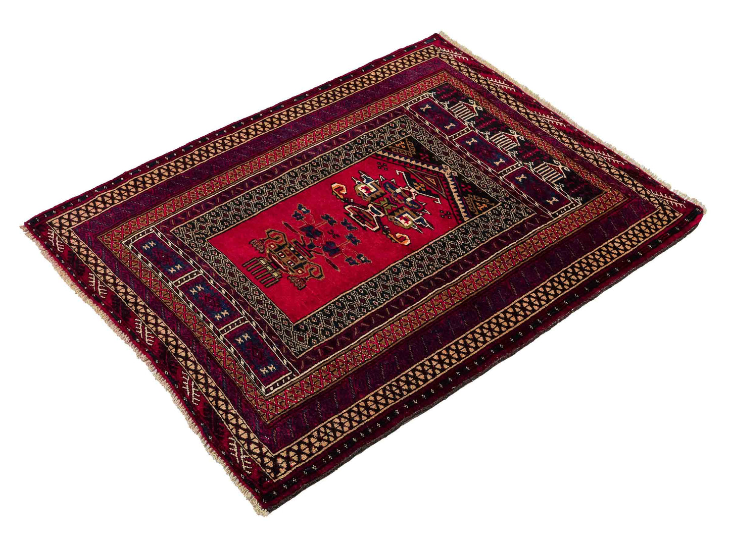 Antiker, handgeknüpfter, afghanischer Belutsch Nomadenteppich aus Wolle von Khademi. Größe: 112 x 90 cm. Farbe: Rot. Verkauf durch JUPITER Intl.