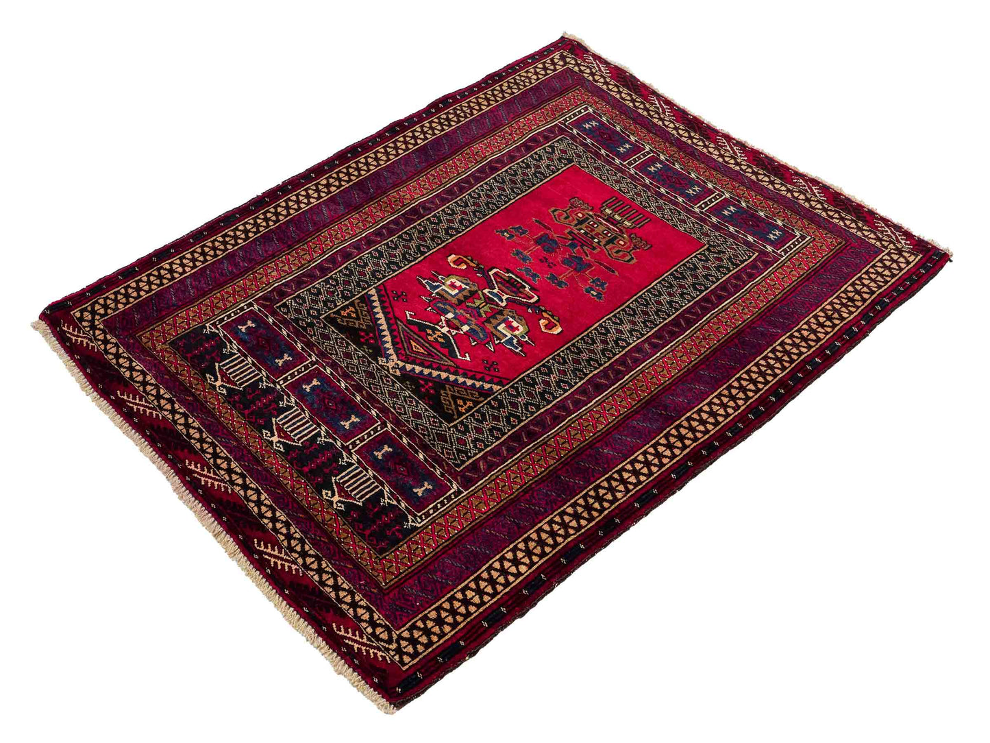 Antiker, handgeknüpfter, afghanischer Belutsch Nomadenteppich aus Wolle von Khademi. Größe: 112 x 90 cm. Farbe: Rot. Verkauf durch JUPITER Intl.