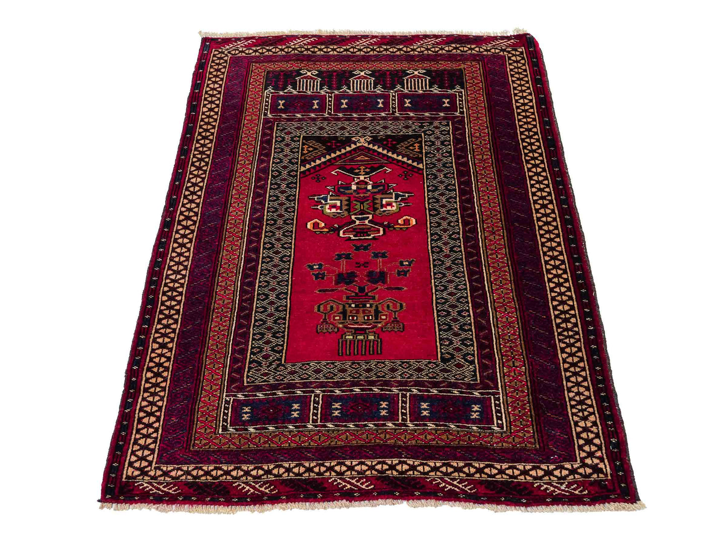 Antiker, handgeknüpfter, afghanischer Belutsch Nomadenteppich aus Wolle von Khademi. Größe: 112 x 90 cm. Farbe: Rot. Verkauf durch JUPITER Intl.