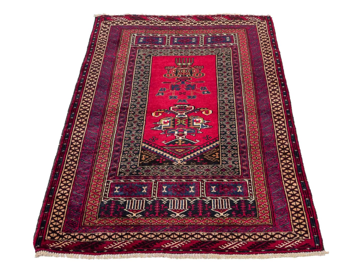Antiker, handgeknüpfter, afghanischer Belutsch Nomadenteppich aus Wolle von Khademi. Größe: 112 x 90 cm. Farbe: Rot. Verkauf durch JUPITER Intl.
