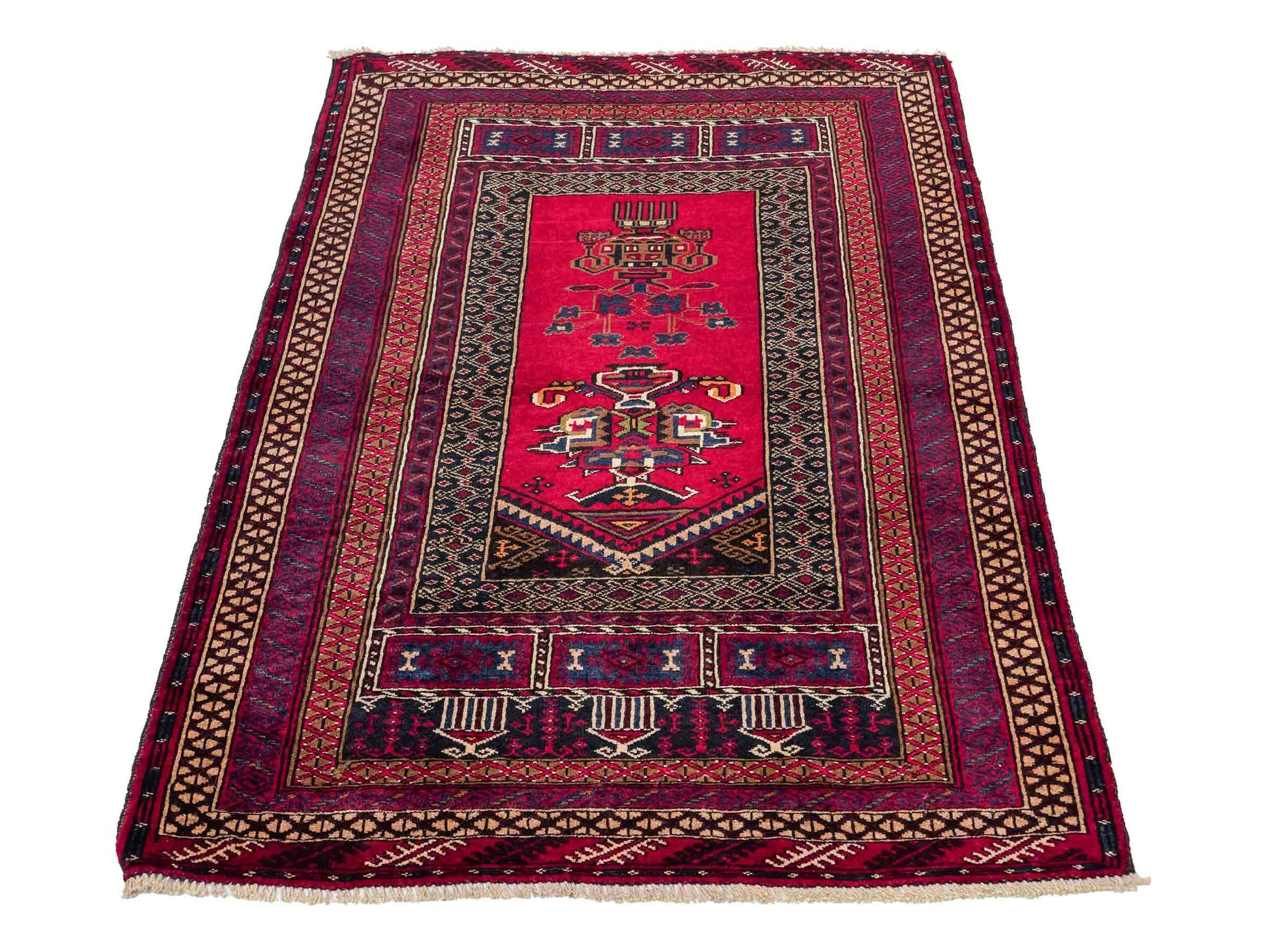 Antiker, handgeknüpfter, afghanischer Belutsch Nomadenteppich aus Wolle von Khademi. Größe: 112 x 90 cm. Farbe: Rot. Verkauf durch JUPITER Intl.