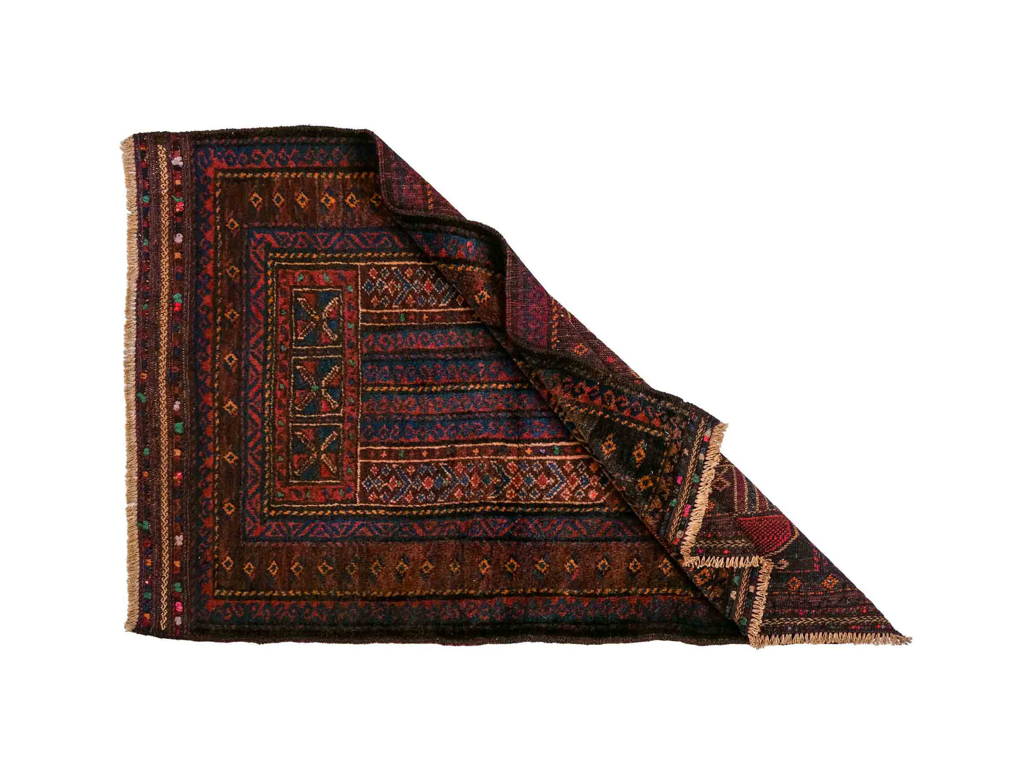 Antiker, handgeknüpfter, afghanischer Belutsch Nomadenteppich aus Wolle von Khademi. Größe: 113 x 81 cm. Farbe: Braun. Verkauf durch JUPITER Intl.