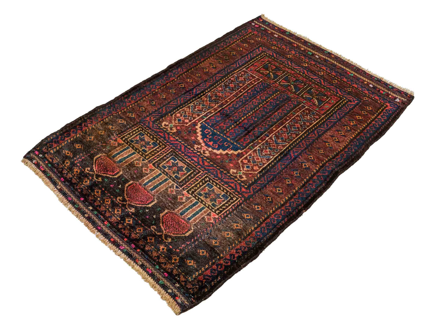Antiker, handgeknüpfter, afghanischer Belutsch Nomadenteppich aus Wolle von Khademi. Größe: 113 x 81 cm. Farbe: Braun. Verkauf durch JUPITER Intl.