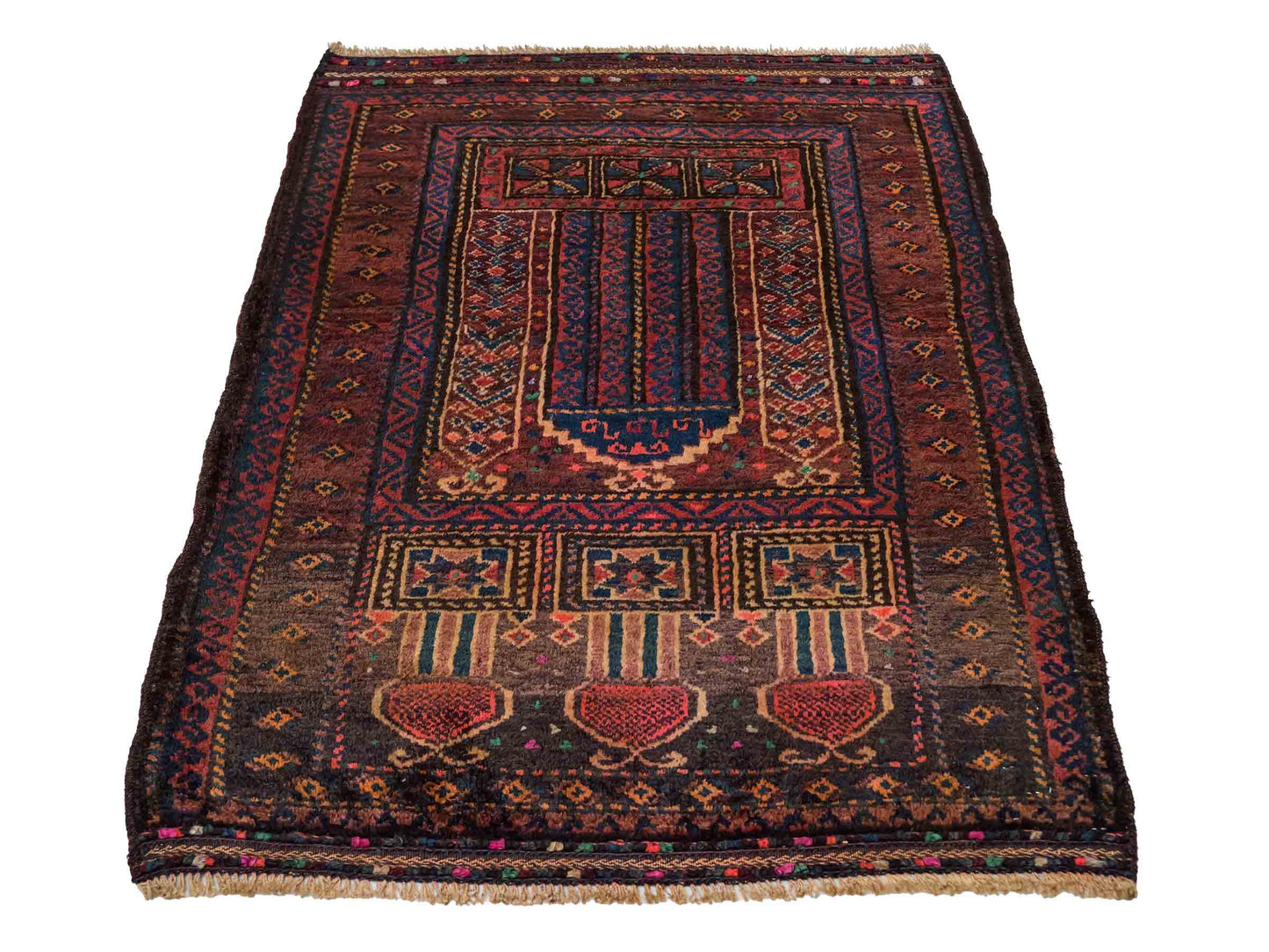 Antiker, handgeknüpfter, afghanischer Belutsch Nomadenteppich aus Wolle von Khademi. Größe: 113 x 81 cm. Farbe: Braun. Verkauf durch JUPITER Intl.