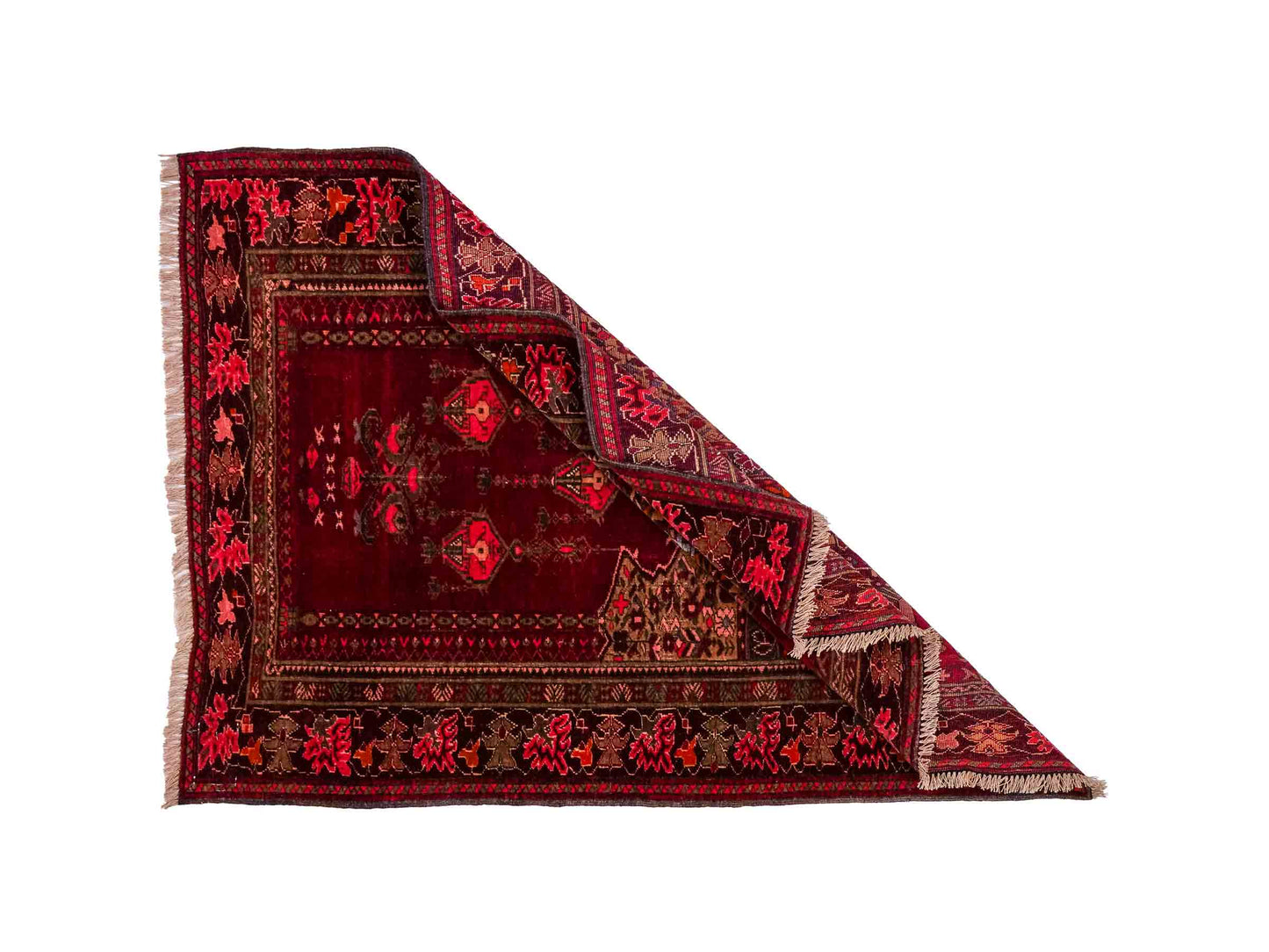Antiker, handgeknüpfter, afghanischer Belutsch Nomadenteppich aus Wolle von Khademi. Größe: 113 x 84 cm. Farbe: Rot. Verkauf durch JUPITER Intl.