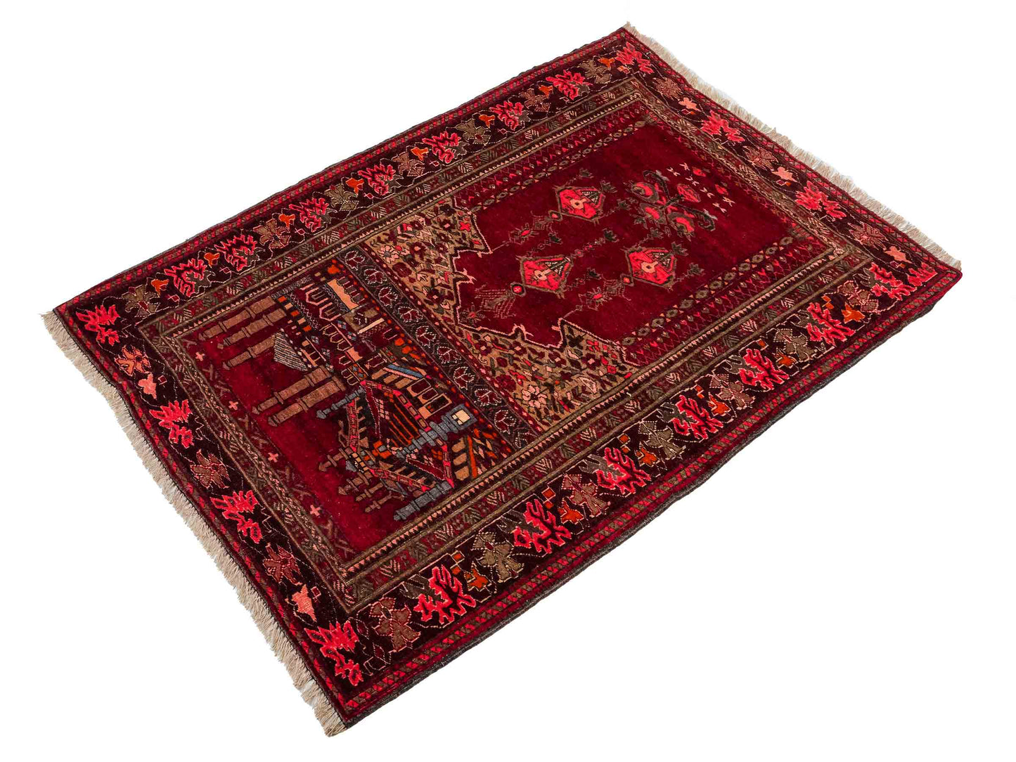 Antiker, handgeknüpfter, afghanischer Belutsch Nomadenteppich aus Wolle von Khademi. Größe: 113 x 84 cm. Farbe: Rot. Verkauf durch JUPITER Intl.
