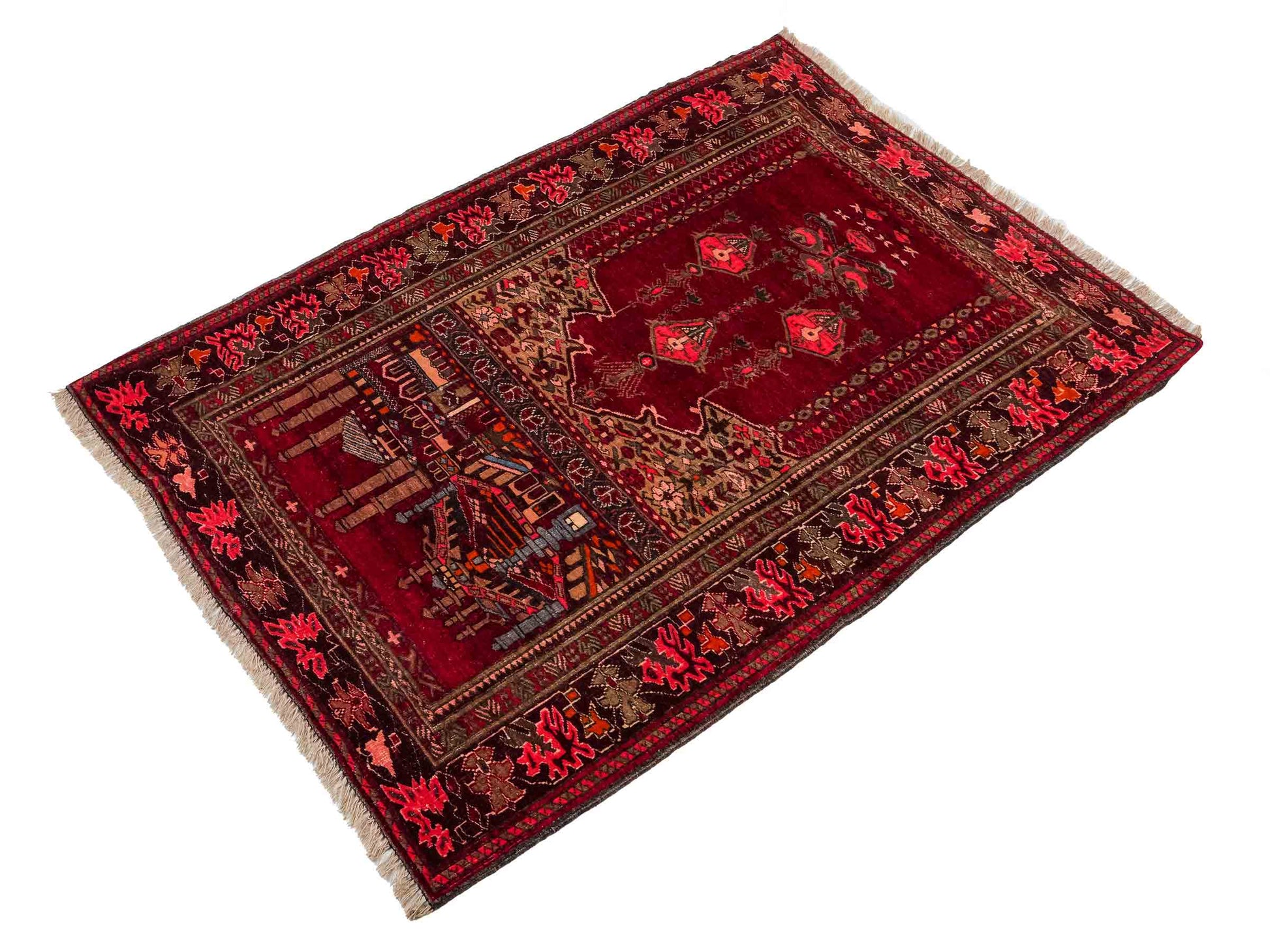 Antiker, handgeknüpfter, afghanischer Belutsch Nomadenteppich aus Wolle von Khademi. Größe: 113 x 84 cm. Farbe: Rot. Verkauf durch JUPITER Intl.