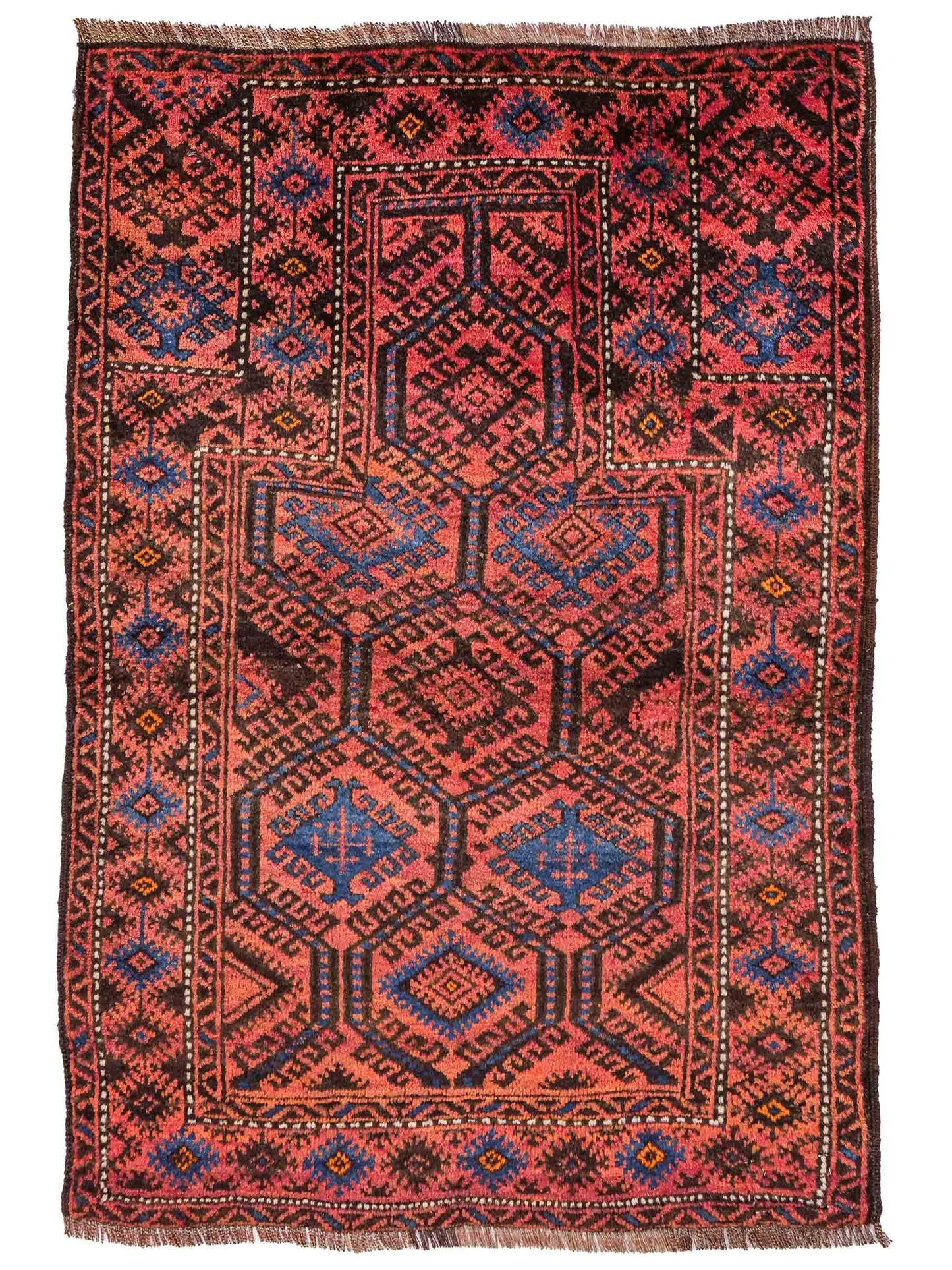 Antiker, handgeknüpfter, afghanischer Belutsch Nomadenteppich aus Wolle von Khademi. Größe: 117 x 77 cm. Farbe: Rot, blau. Verkauf durch JUPITER Intl.