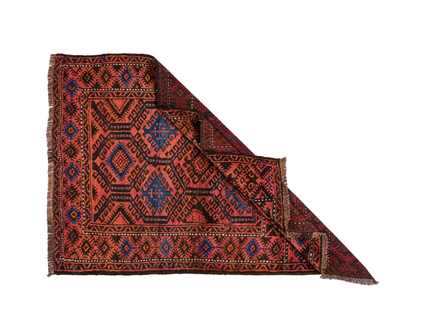 Antiker, handgeknüpfter, afghanischer Belutsch Nomadenteppich aus Wolle von Khademi. Größe: 117 x 77 cm. Farbe: Rot, blau. Verkauf durch JUPITER Intl.