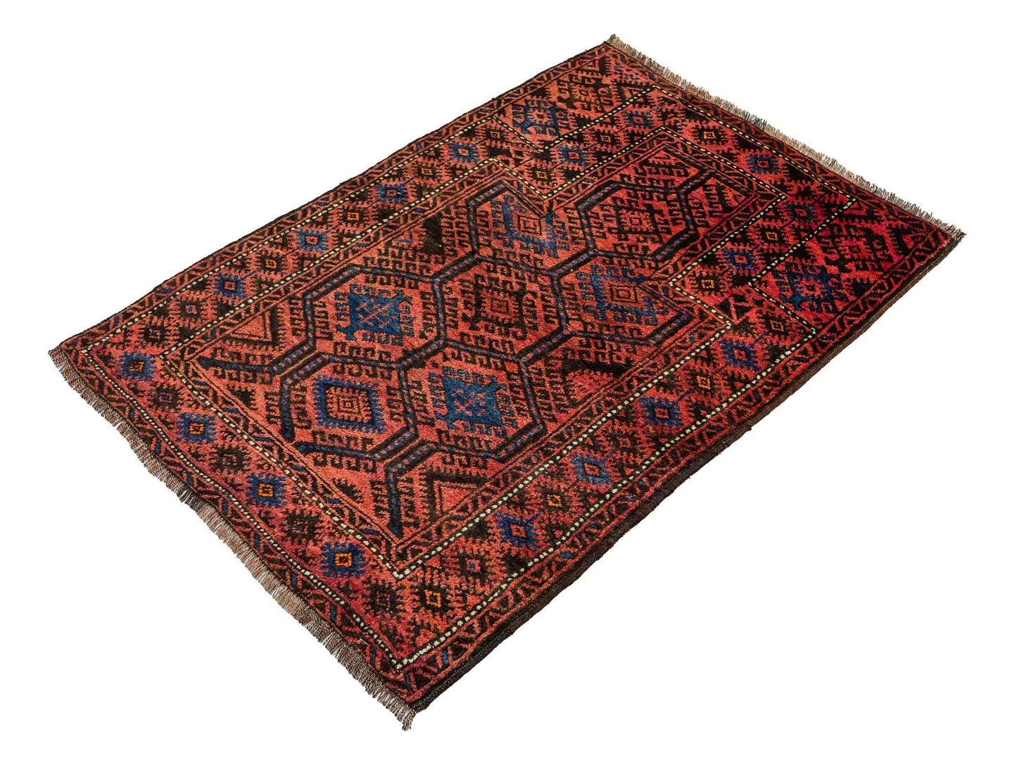 Antiker, handgeknüpfter, afghanischer Belutsch Nomadenteppich aus Wolle von Khademi. Größe: 117 x 77 cm. Farbe: Rot, blau. Verkauf durch JUPITER Intl.