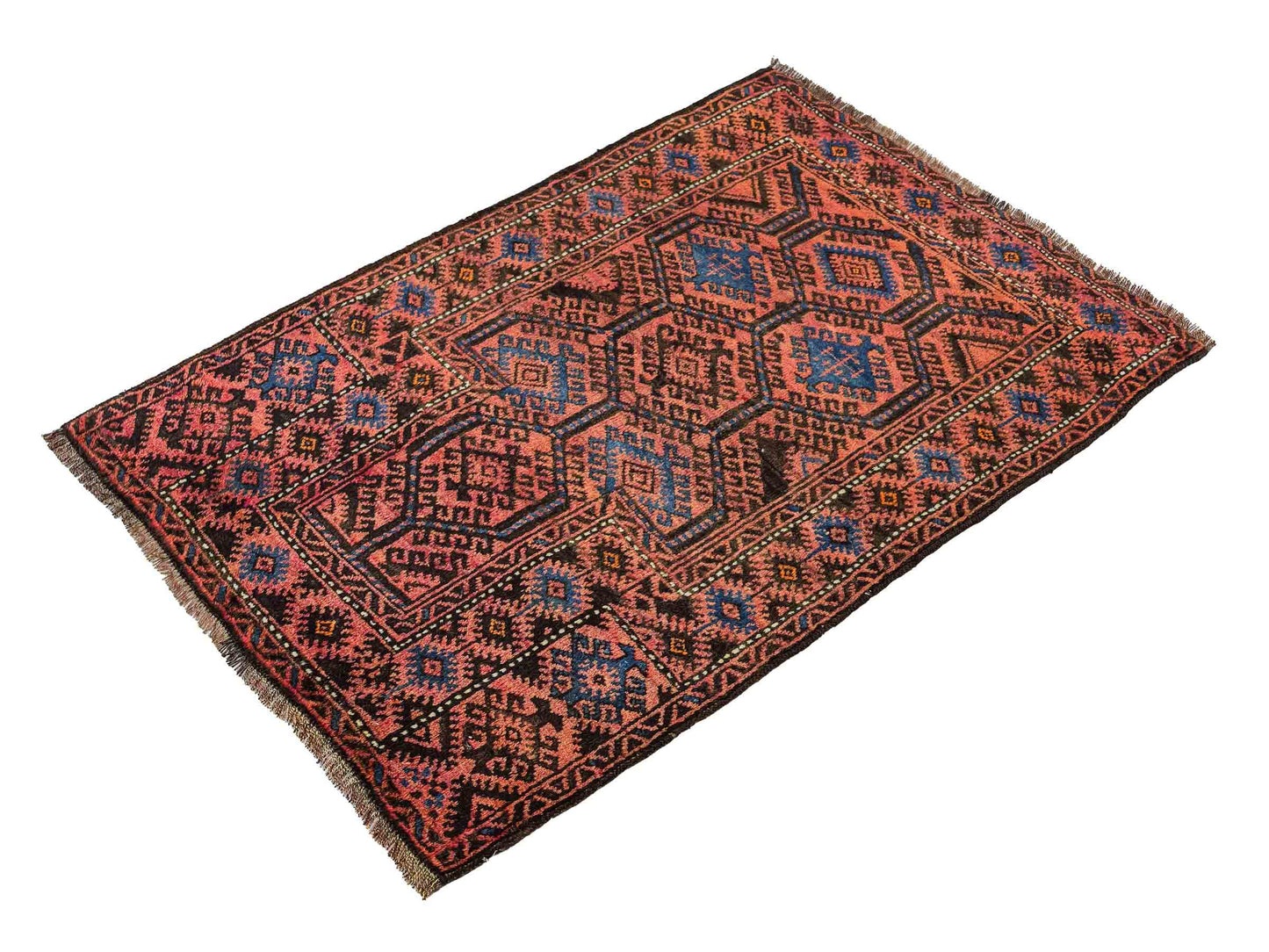 Antiker, handgeknüpfter, afghanischer Belutsch Nomadenteppich aus Wolle von Khademi. Größe: 117 x 77 cm. Farbe: Rot, blau. Verkauf durch JUPITER Intl.