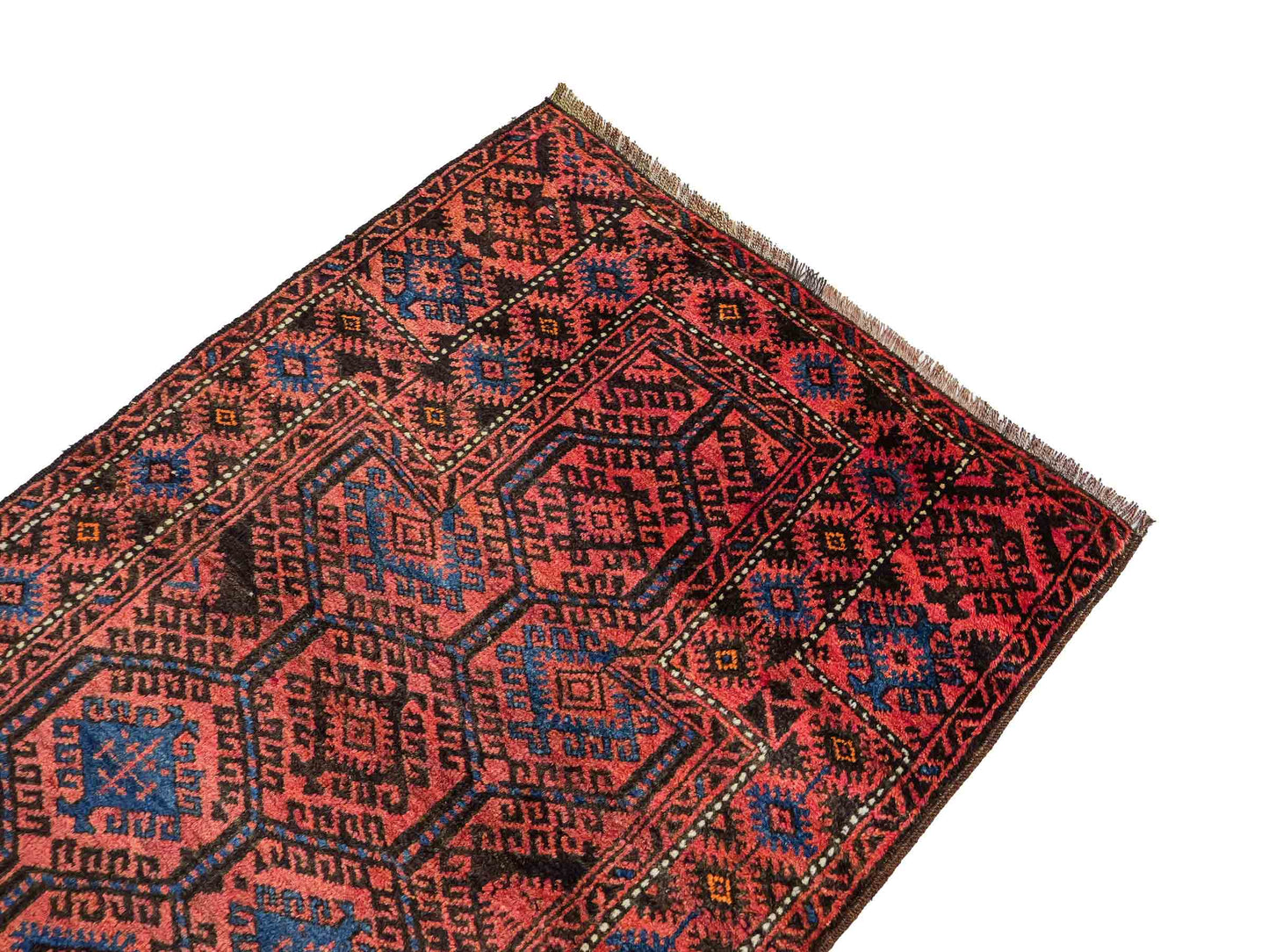 Antiker, handgeknüpfter, afghanischer Belutsch Nomadenteppich aus Wolle von Khademi. Größe: 117 x 77 cm. Farbe: Rot, blau. Verkauf durch JUPITER Intl.