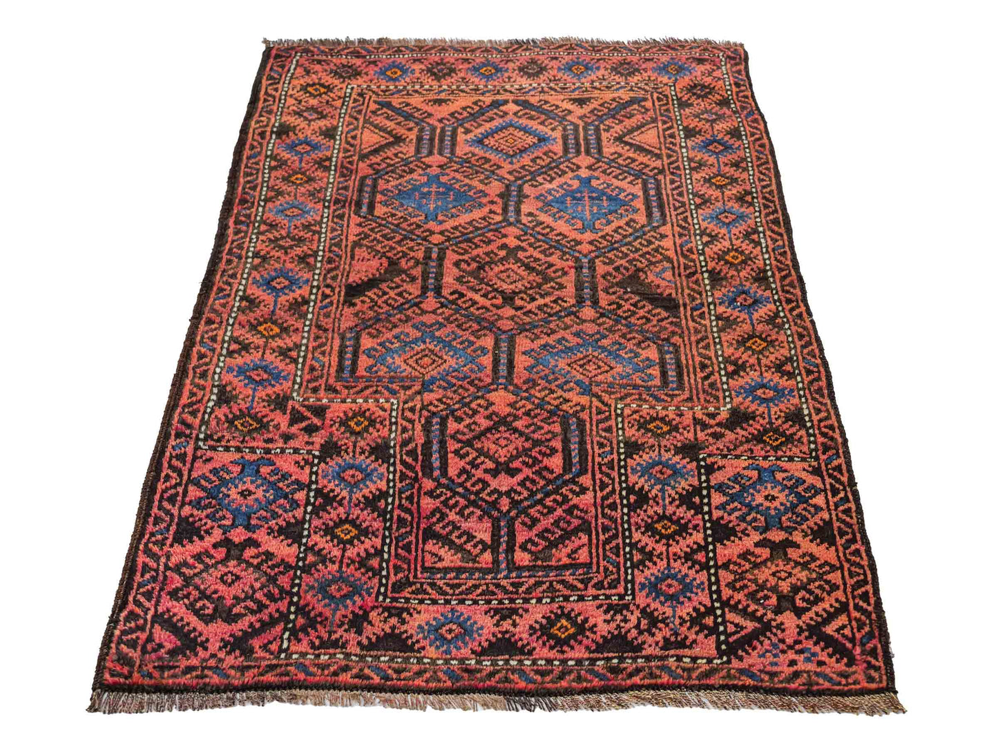 Antiker, handgeknüpfter, afghanischer Belutsch Nomadenteppich aus Wolle von Khademi. Größe: 117 x 77 cm. Farbe: Rot, blau. Verkauf durch JUPITER Intl.