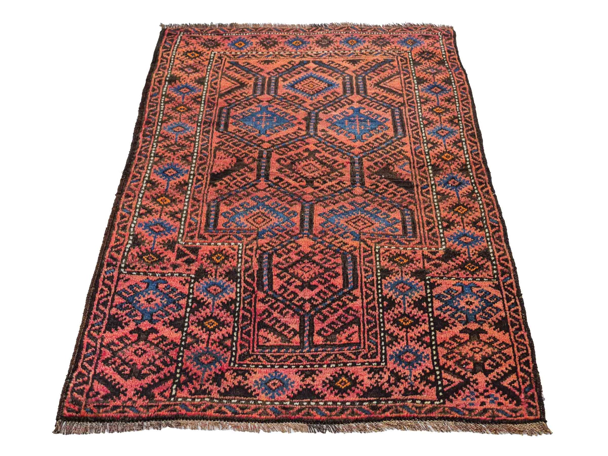 Antiker, handgeknüpfter, afghanischer Belutsch Nomadenteppich aus Wolle von Khademi. Größe: 117 x 77 cm. Farbe: Rot, blau. Verkauf durch JUPITER Intl.