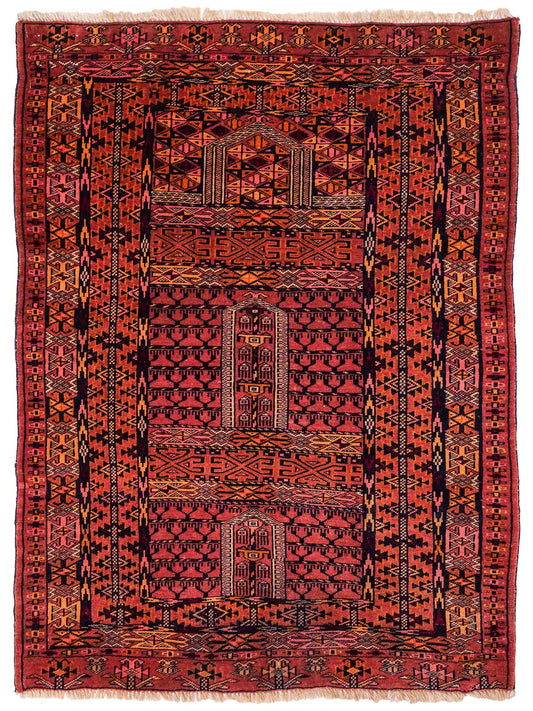 Antiker, handgeknüpfter, afghanischer Belutsch Nomadenteppich aus Wolle von Khademi. Größe: 121 x 90 cm. Farbe: Braun, orange. Verkauf durch JUPITER Intl.
