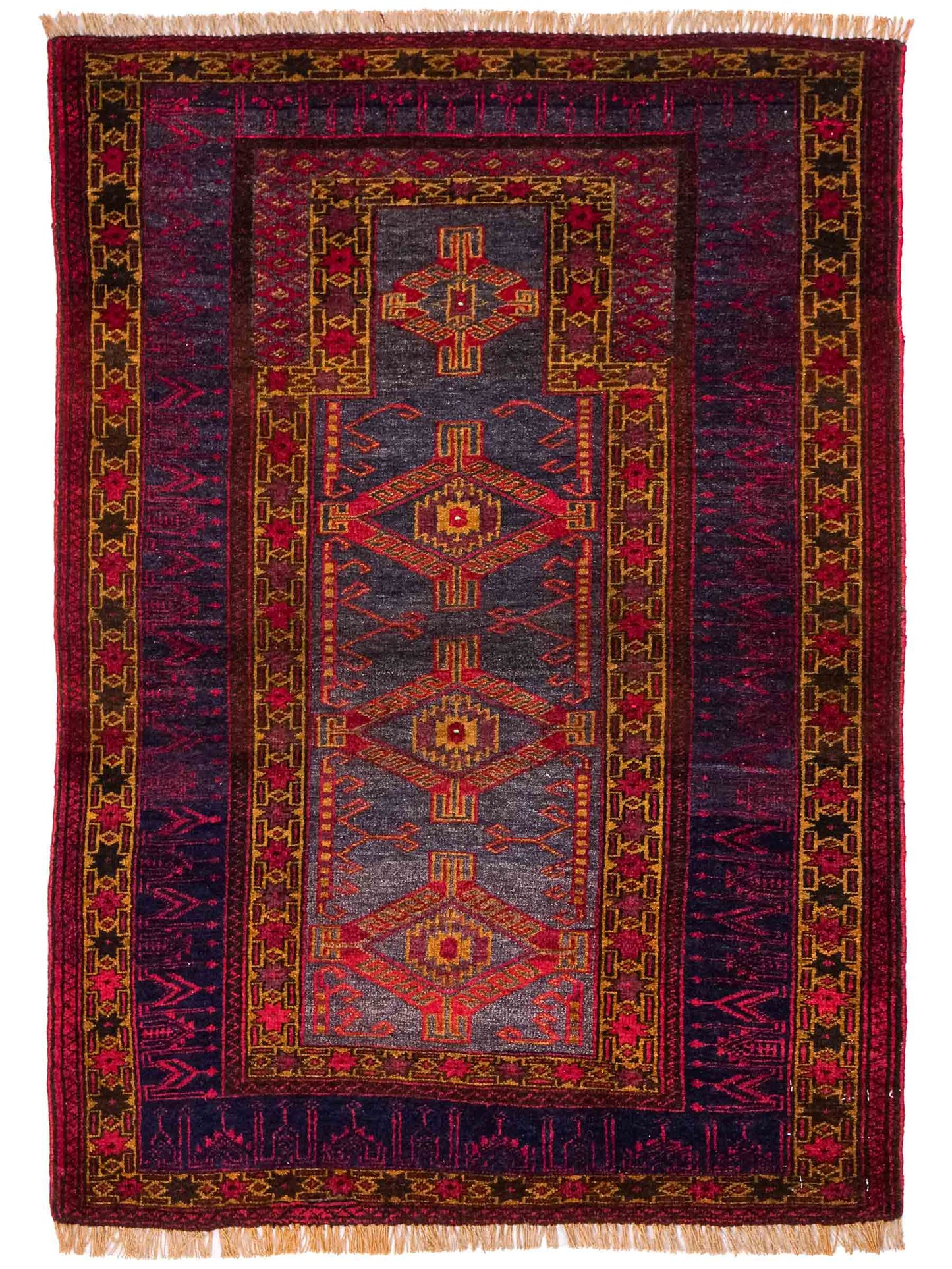 Antiker, handgeknüpfter, afghanischer Belutsch Nomadenteppich aus Wolle von Khademi. Größe: 122 x 82 cm. Farbe: Blau, rot, gold. Verkauf durch JUPITER Intl.