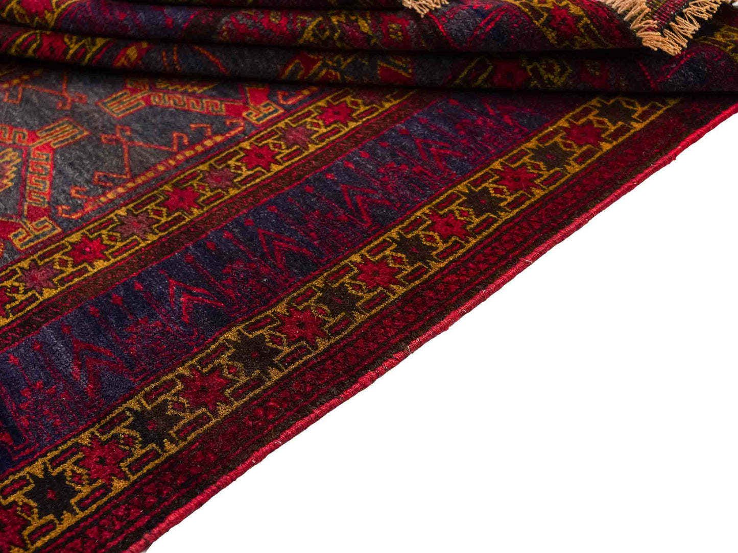 Antiker, handgeknüpfter, afghanischer Belutsch Nomadenteppich aus Wolle von Khademi. Größe: 122 x 82 cm. Farbe: Blau, rot, gold. Verkauf durch JUPITER Intl.