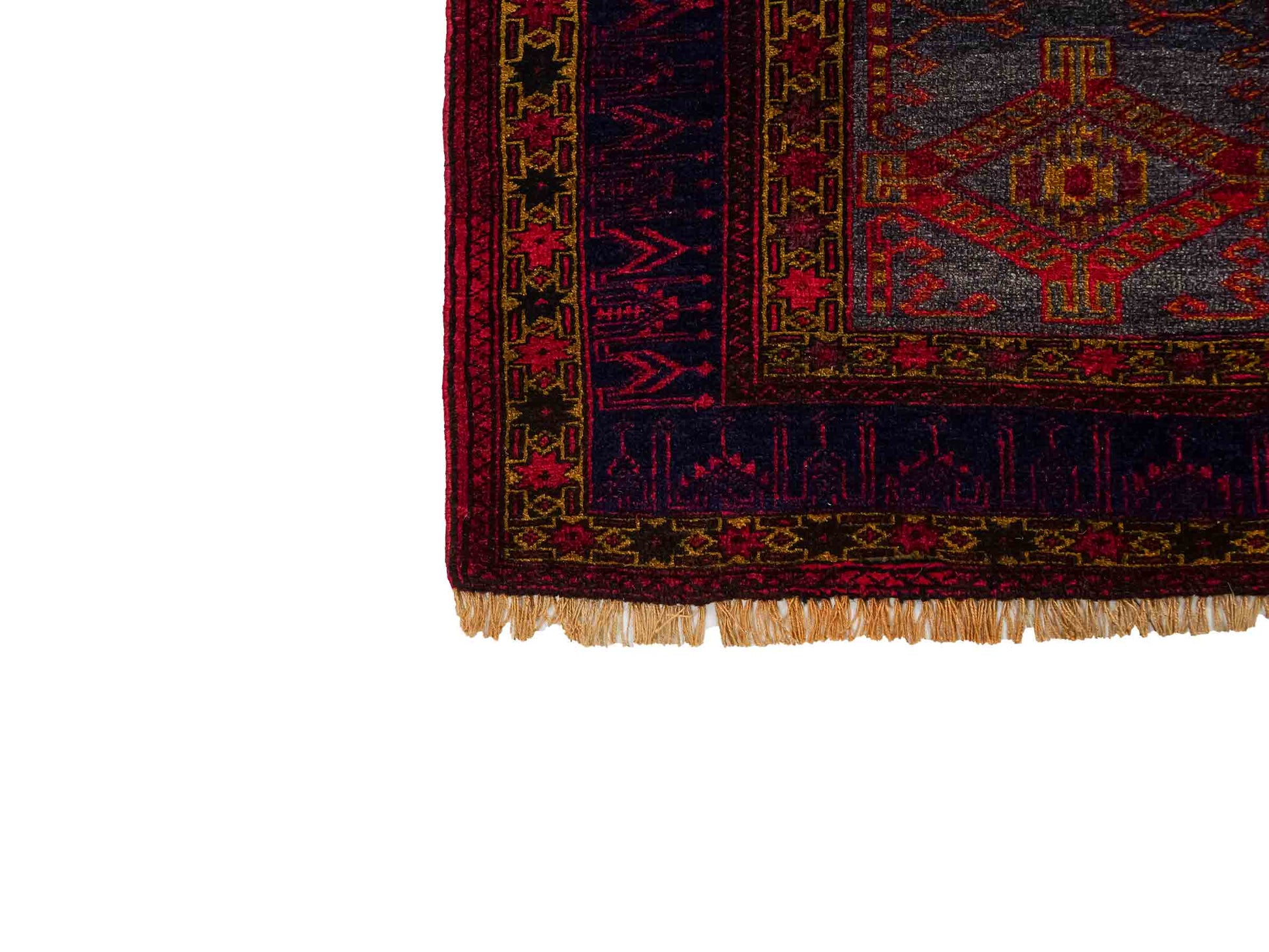 Antiker, handgeknüpfter, afghanischer Belutsch Nomadenteppich aus Wolle von Khademi. Größe: 122 x 82 cm. Farbe: Blau, rot, gold. Verkauf durch JUPITER Intl.