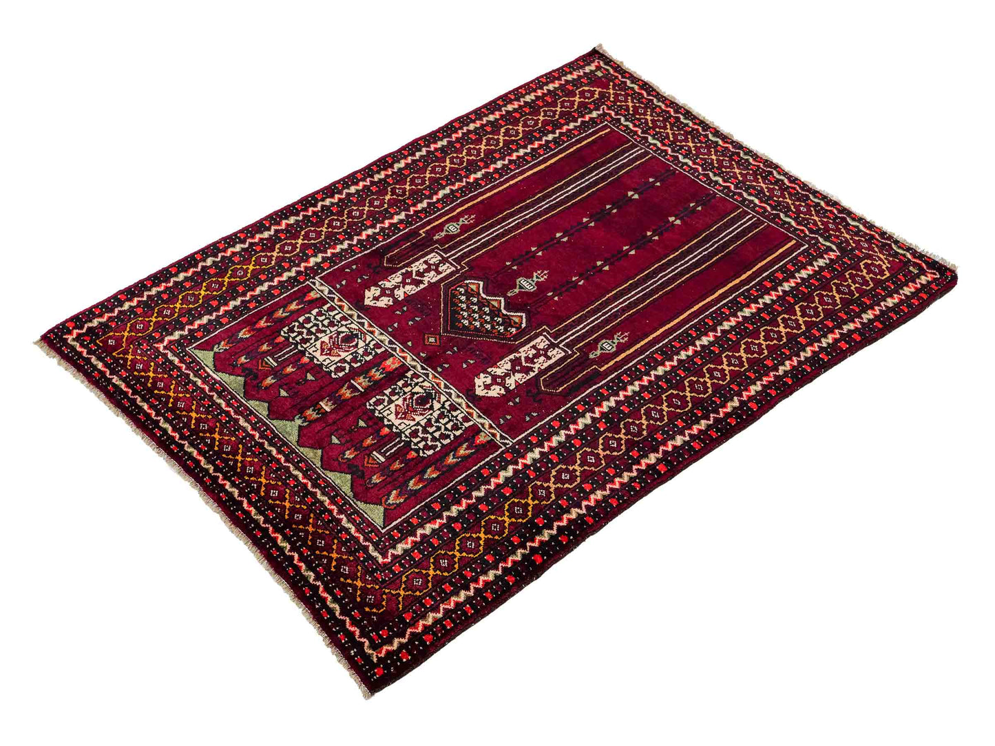 Antiker, handgeknüpfter, afghanischer Belutsch Nomadenteppich aus Wolle von Khademi. Größe: 122 x 84 cm. Farbe: Rot. Verkauf durch JUPITER Intl.