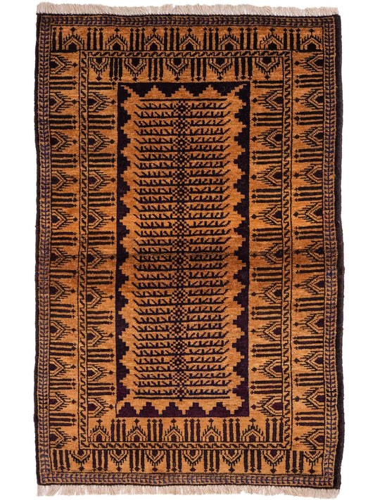 Antiker, handgeknüpfter, afghanischer Belutsch Nomadenteppich aus Wolle von Khademi. Größe: 123 x 80 cm. Farbe: Gold, beige, braun. Verkauf durch JUPITER Intl.