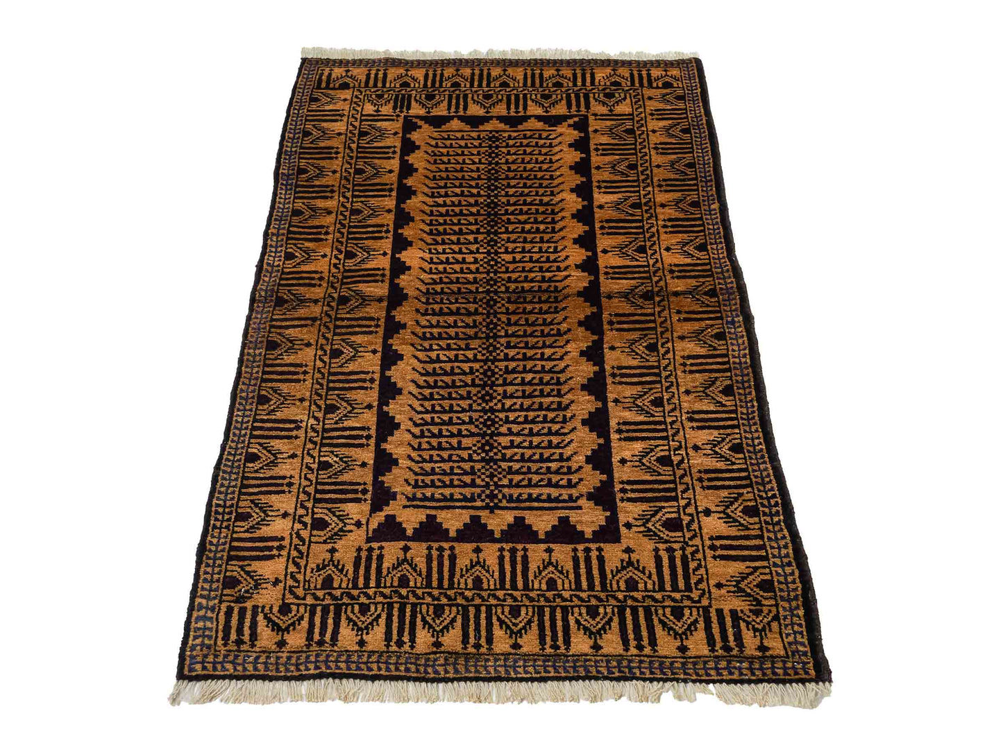 Antiker, handgeknüpfter, afghanischer Belutsch Nomadenteppich aus Wolle von Khademi. Größe: 123 x 80 cm. Farbe: Gold, beige, braun. Verkauf durch JUPITER Intl.