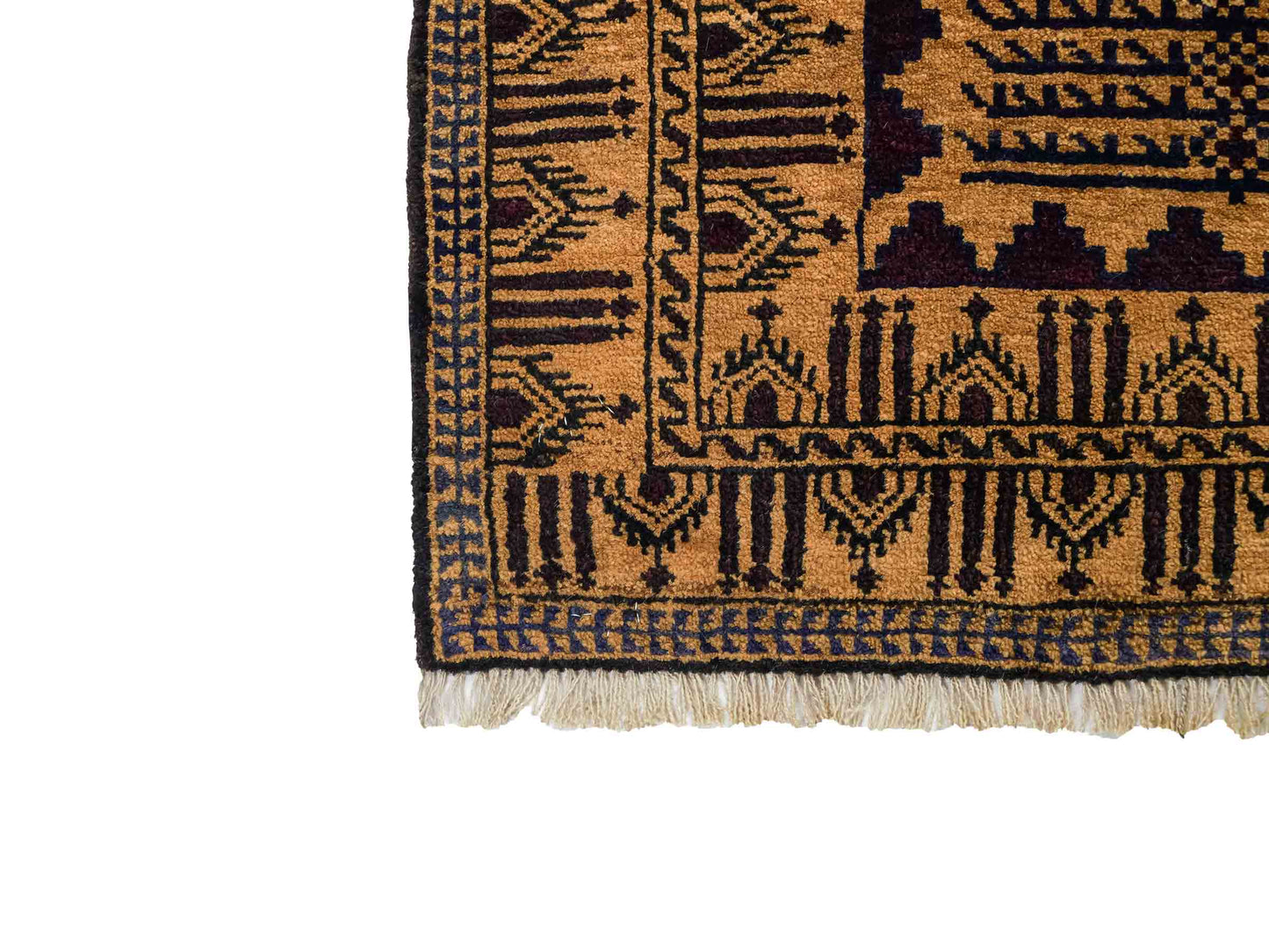 Antiker, handgeknüpfter, afghanischer Belutsch Nomadenteppich aus Wolle von Khademi. Größe: 123 x 80 cm. Farbe: Gold, beige, braun. Verkauf durch JUPITER Intl.