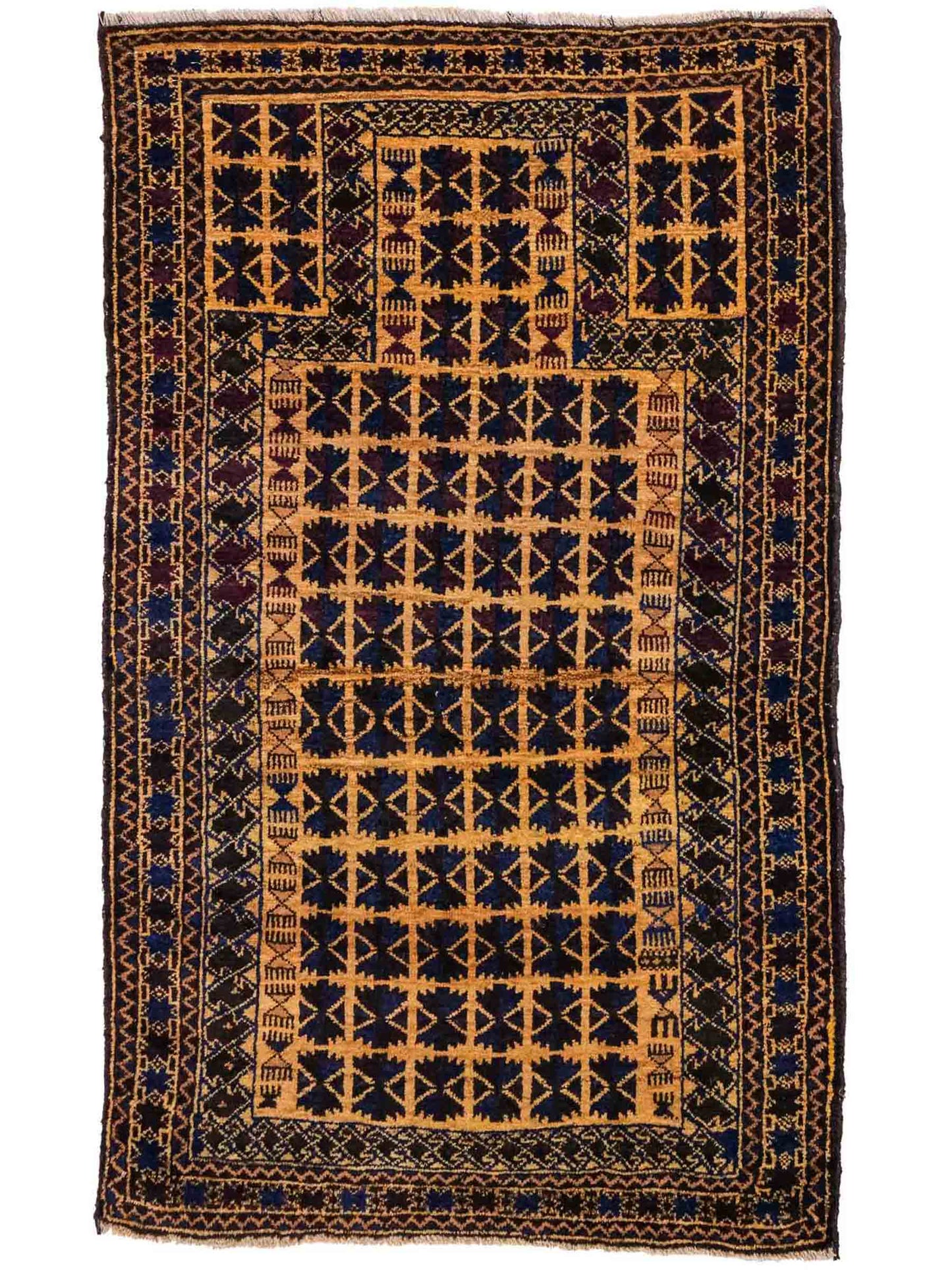 Antiker, handgeknüpfter, afghanischer Belutsch Nomadenteppich aus Wolle von Khademi. Größe: 124 x 76 cm. Farbe: Blau, gold. Verkauf durch JUPITER Intl.