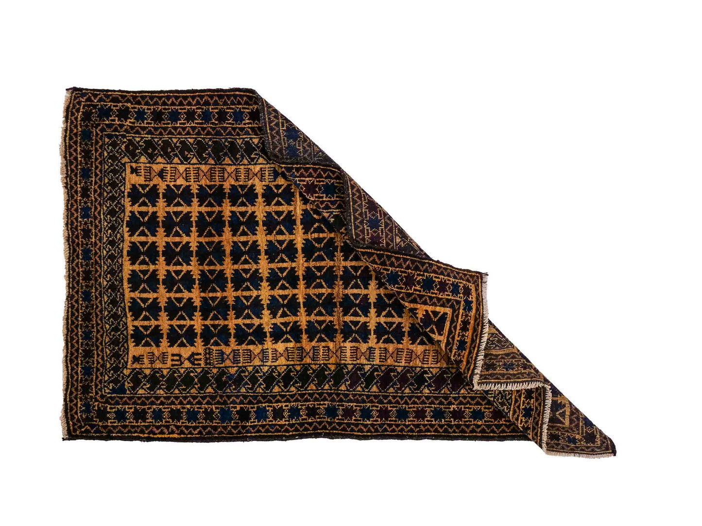 Antiker, handgeknüpfter, afghanischer Belutsch Nomadenteppich aus Wolle von Khademi. Größe: 124 x 76 cm. Farbe: Blau, gold. Verkauf durch JUPITER Intl.