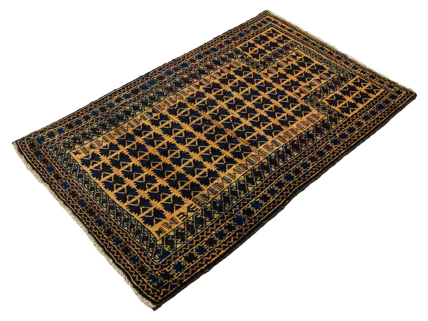 Antiker, handgeknüpfter, afghanischer Belutsch Orientteppich aus Wolle von Khademi. Größe: 124 x 76 cm. Farbe: Blau, gold. Verkauf durch JUPITER Intl.
