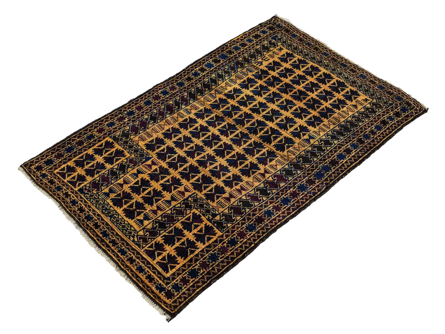 Antiker, handgeknüpfter, afghanischer Belutsch Nomadenteppich aus Wolle von Khademi. Größe: 124 x 76 cm. Farbe: Blau, gold. Verkauf durch JUPITER Intl.