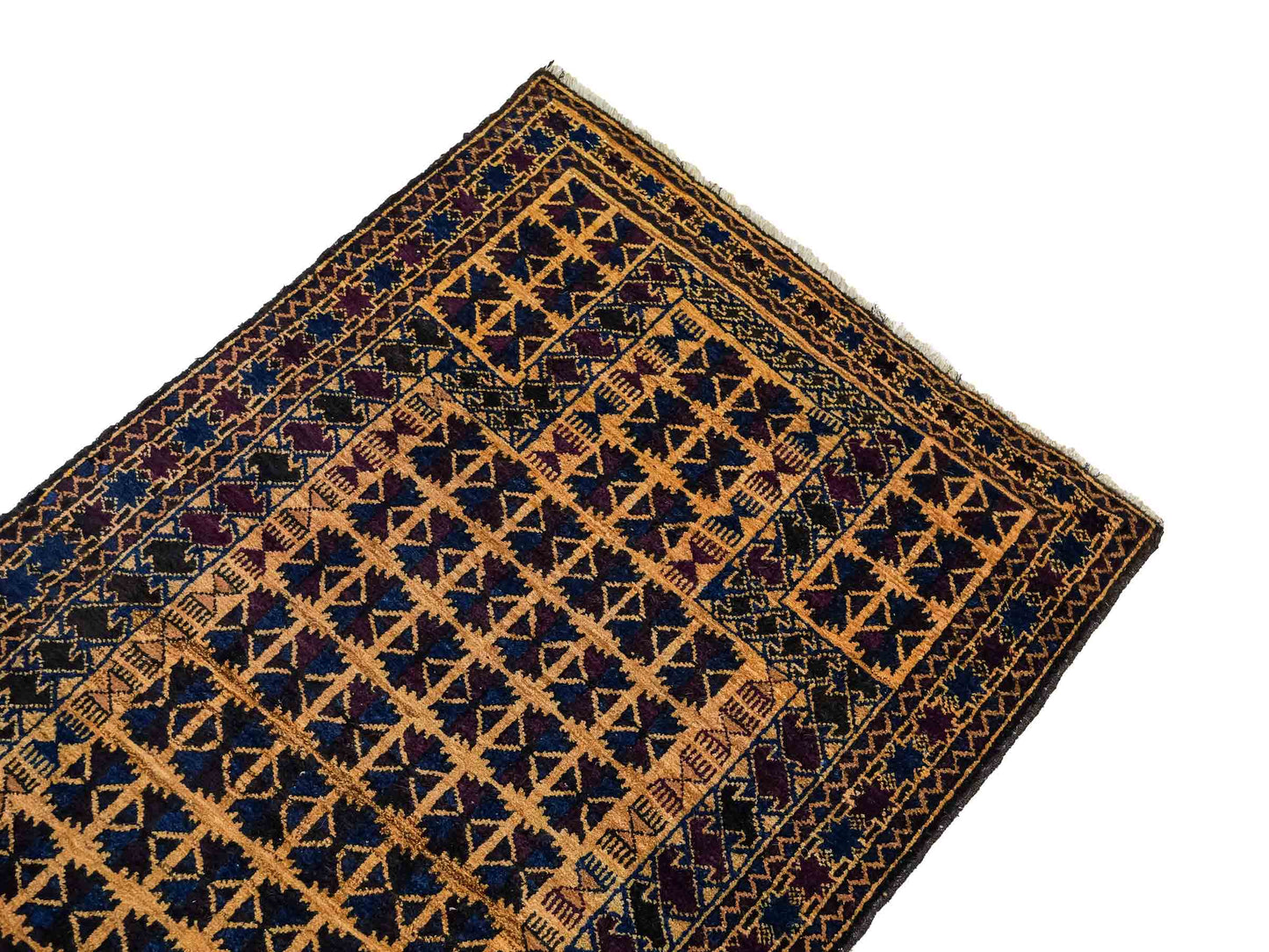 Antiker, handgeknüpfter, afghanischer Belutsch Nomadenteppich aus Wolle von Khademi. Größe: 124 x 76 cm. Farbe: Blau, gold. Verkauf durch JUPITER Intl.