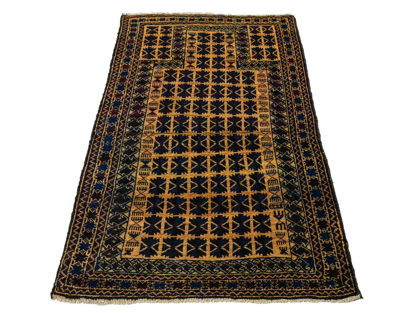 Antiker, handgeknüpfter, afghanischer Belutsch Nomadenteppich aus Wolle von Khademi. Größe: 124 x 76 cm. Farbe: Blau, gold. Verkauf durch JUPITER Intl.