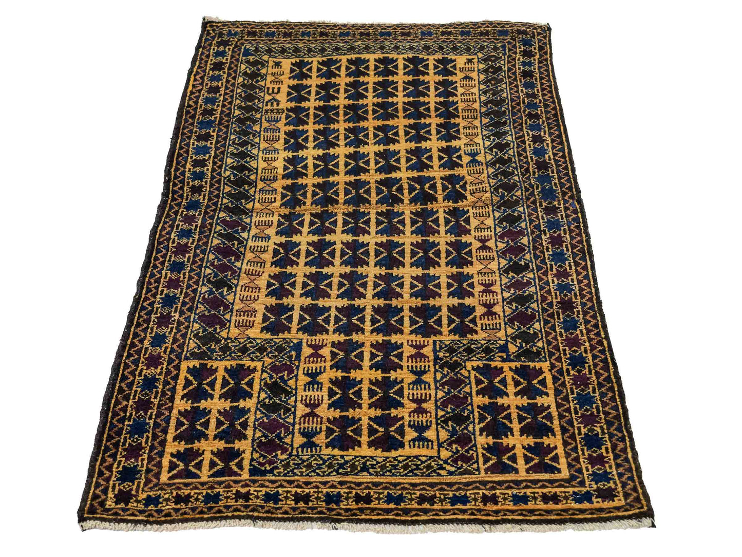 Antiker, handgeknüpfter, afghanischer Belutsch Nomadenteppich aus Wolle von Khademi. Größe: 124 x 76 cm. Farbe: Blau, gold. Verkauf durch JUPITER Intl.