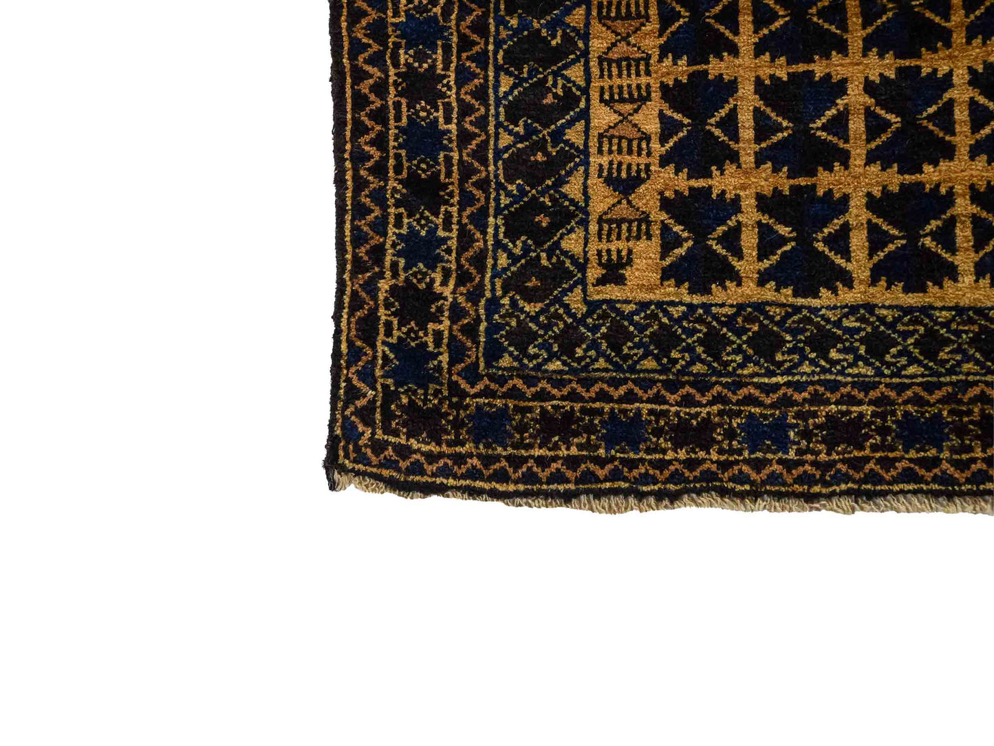 Antiker, handgeknüpfter, afghanischer Belutsch Nomadenteppich aus Wolle von Khademi. Größe: 124 x 76 cm. Farbe: Blau, gold. Verkauf durch JUPITER Intl.