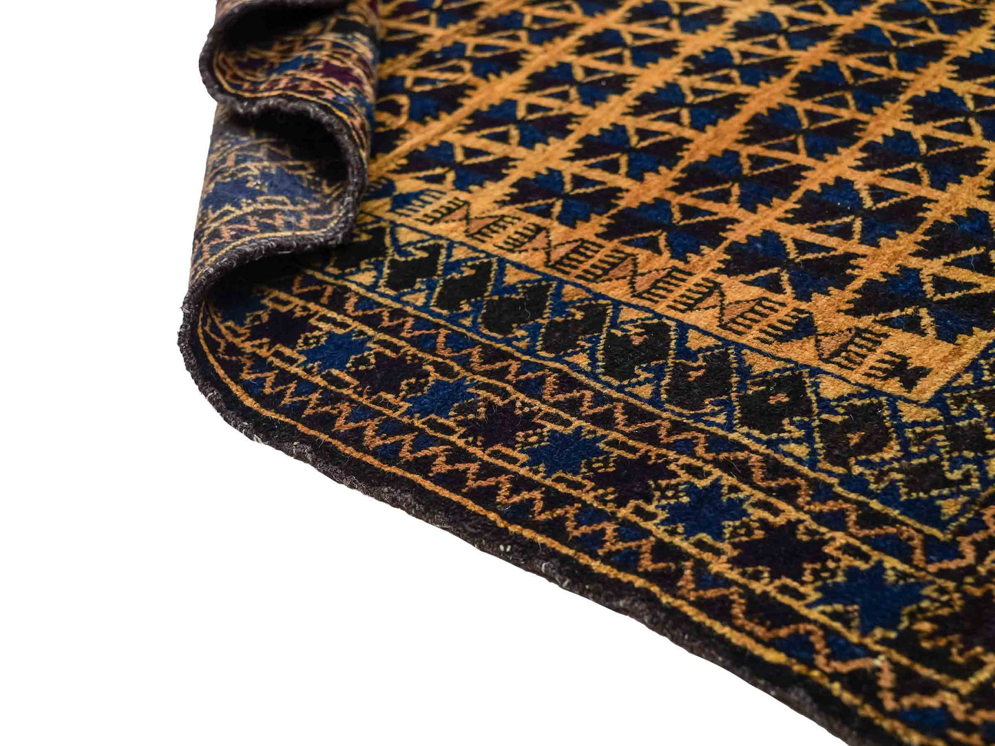 Antiker, handgeknüpfter, afghanischer Belutsch Nomadenteppich aus Wolle von Khademi. Größe: 124 x 76 cm. Farbe: Blau, gold. Verkauf durch JUPITER Intl.