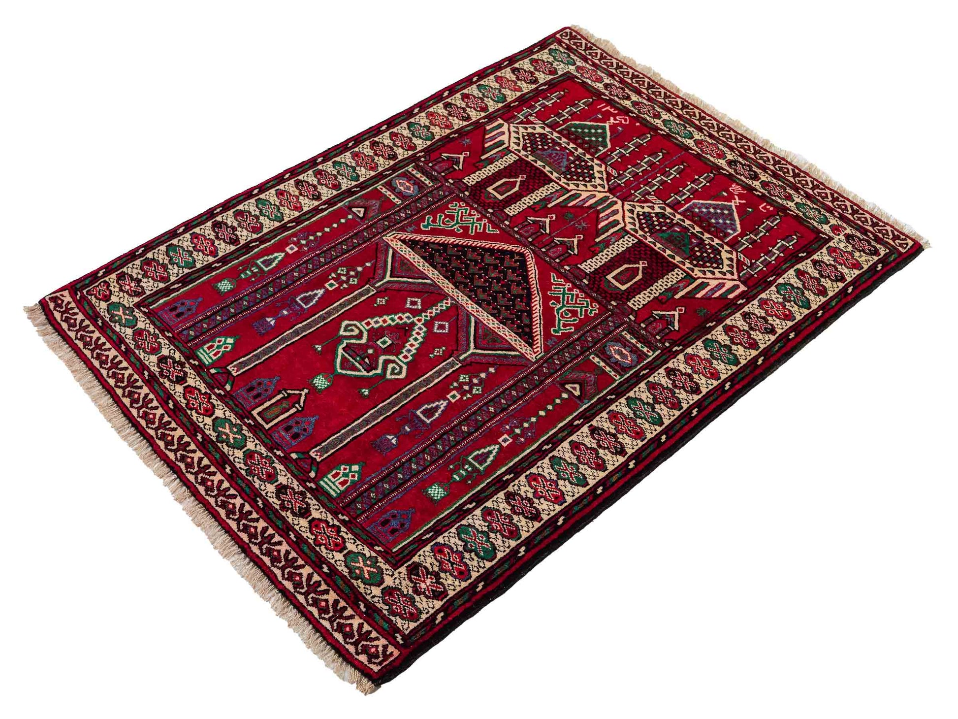Antiker, handgeknüpfter, afghanischer Belutsch Nomadenteppich aus Wolle von Khademi. Größe: 125 x 91 cm. Farbe: Rot. Verkauf durch JUPITER Intl.