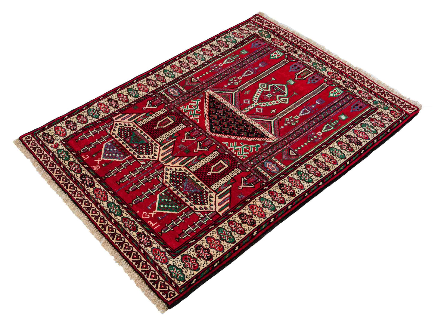Antiker, handgeknüpfter, afghanischer Belutsch Nomadenteppich aus Wolle von Khademi. Größe: 125 x 91 cm. Farbe: Rot. Verkauf durch JUPITER Intl.
