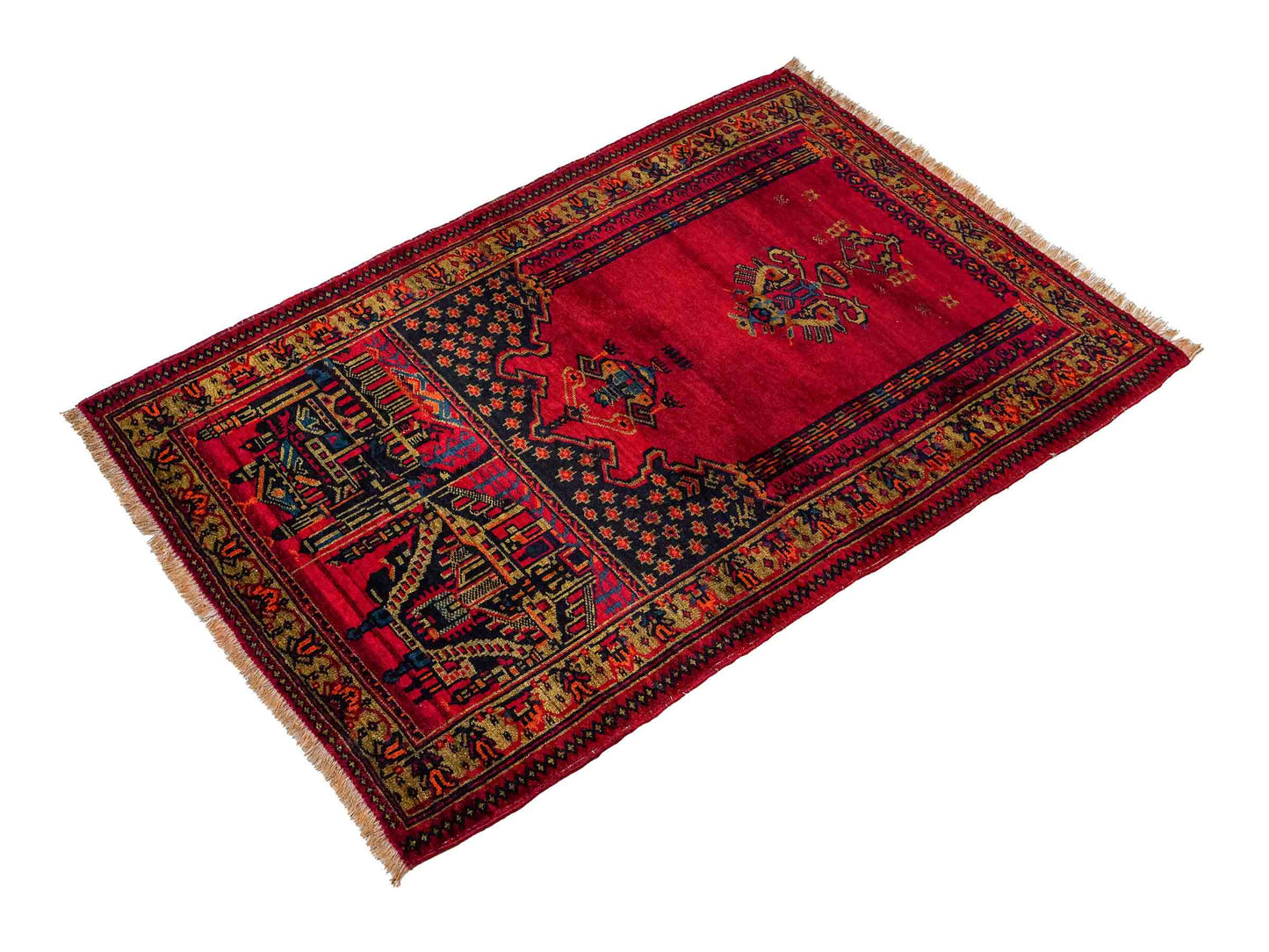 Antiker, handgeknüpfter, afghanischer Belutsch Nomadenteppich aus Wolle von Khademi. Größe: 126 x 85 cm. Farbe: Rot. Verkauf durch JUPITER Intl.