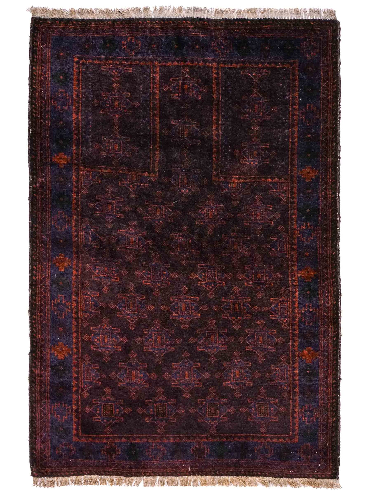 Antiker, handgeknüpfter, afghanischer Belutsch Nomadenteppich aus Wolle von Khademi. Größe: 127 x 84 cm. Farbe: Braun, blau. Verkauf durch JUPITER Intl.